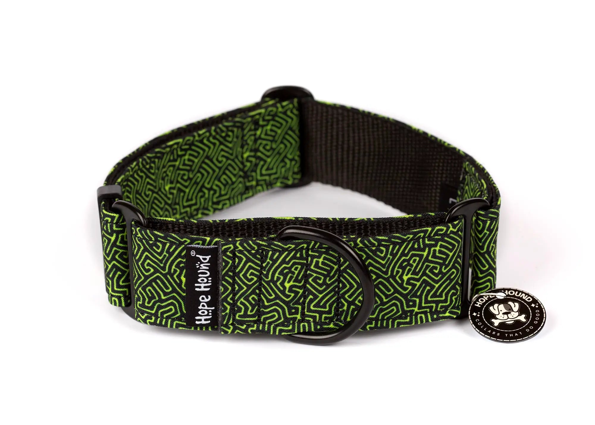 Hope Hound martingale waterproof dog collar with green and black maze pattern