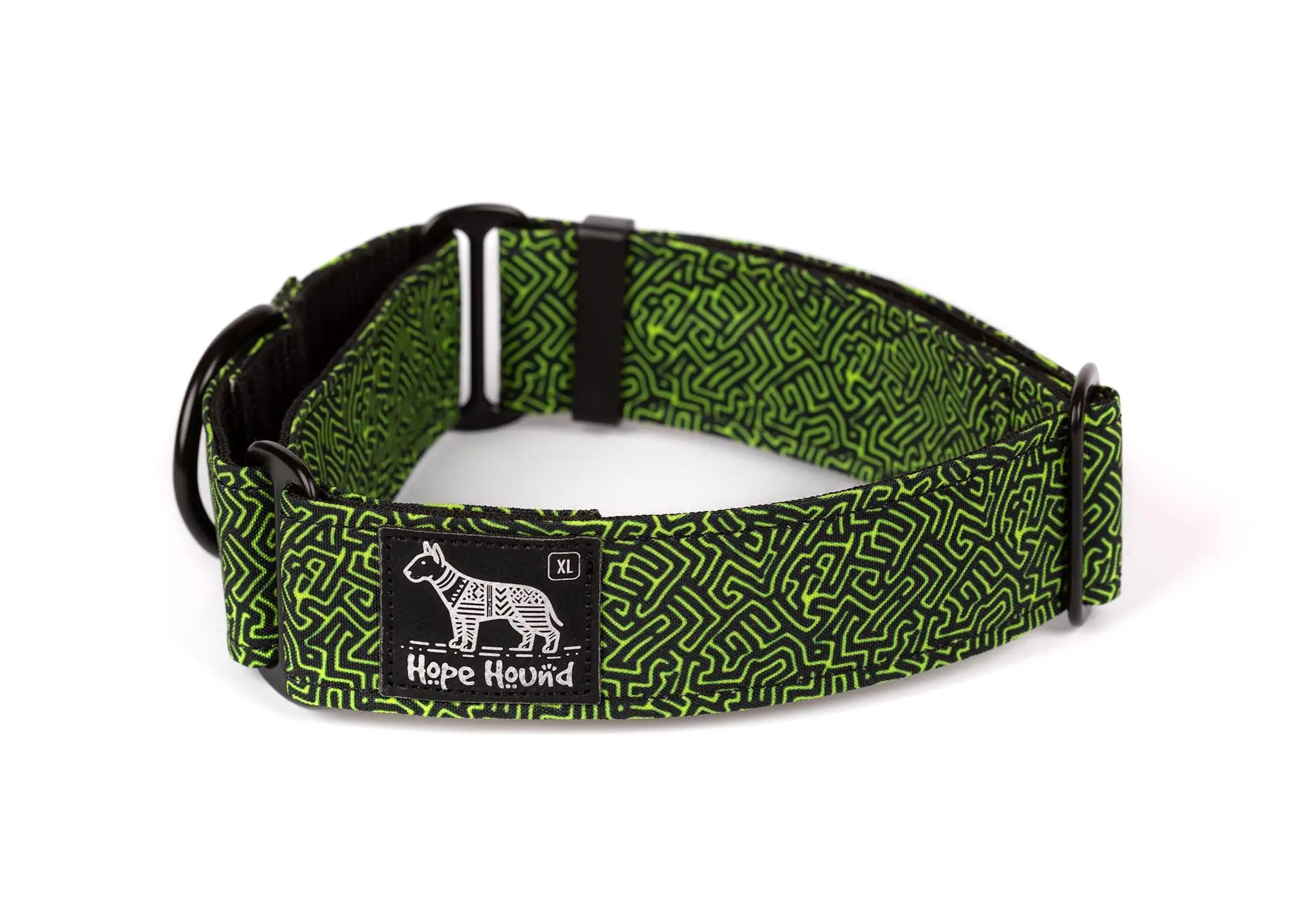 Hope Hound martingale waterproof dog collar with green and black maze 
