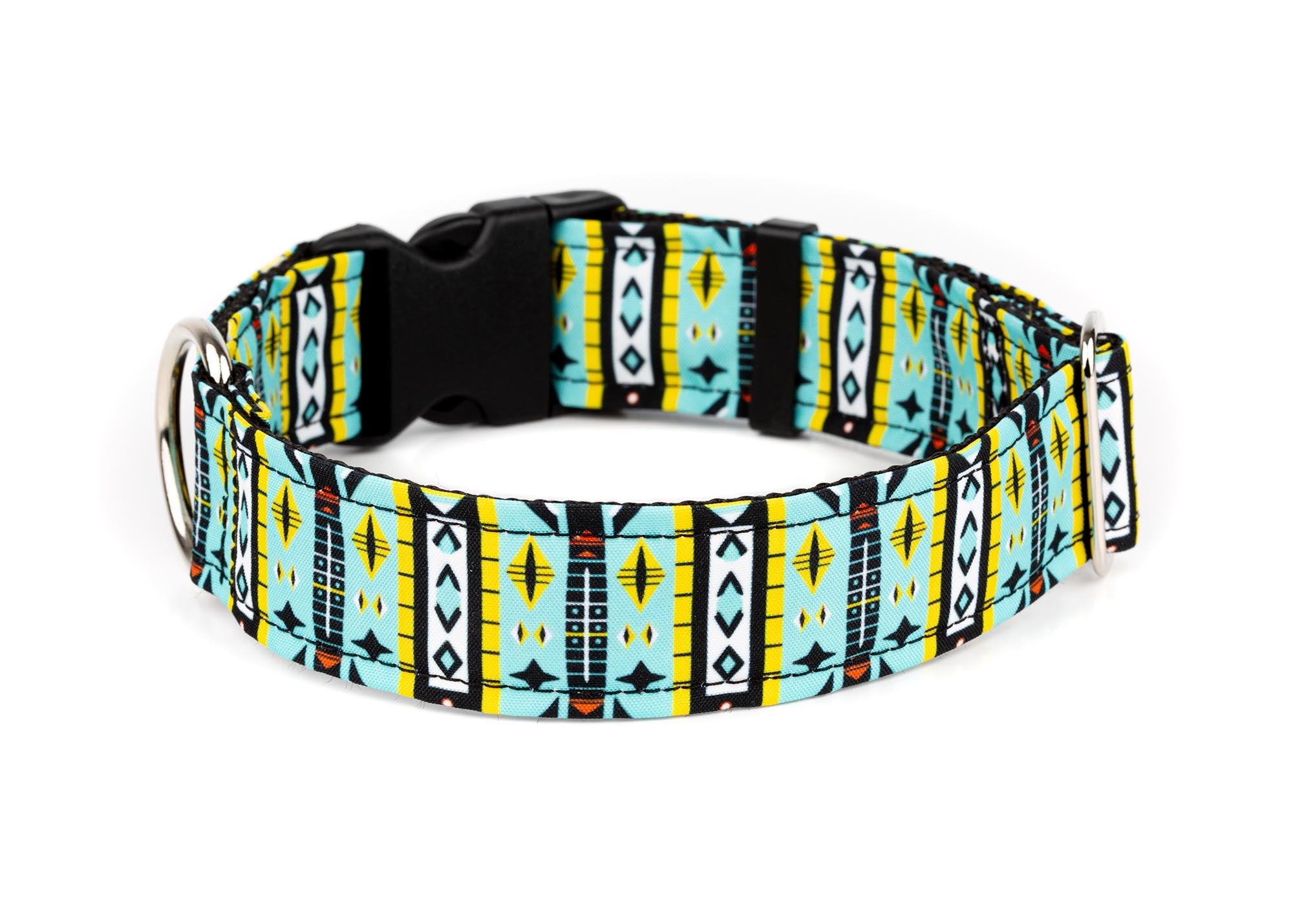 African tribal dog collar with blue, white and yellow pattern
