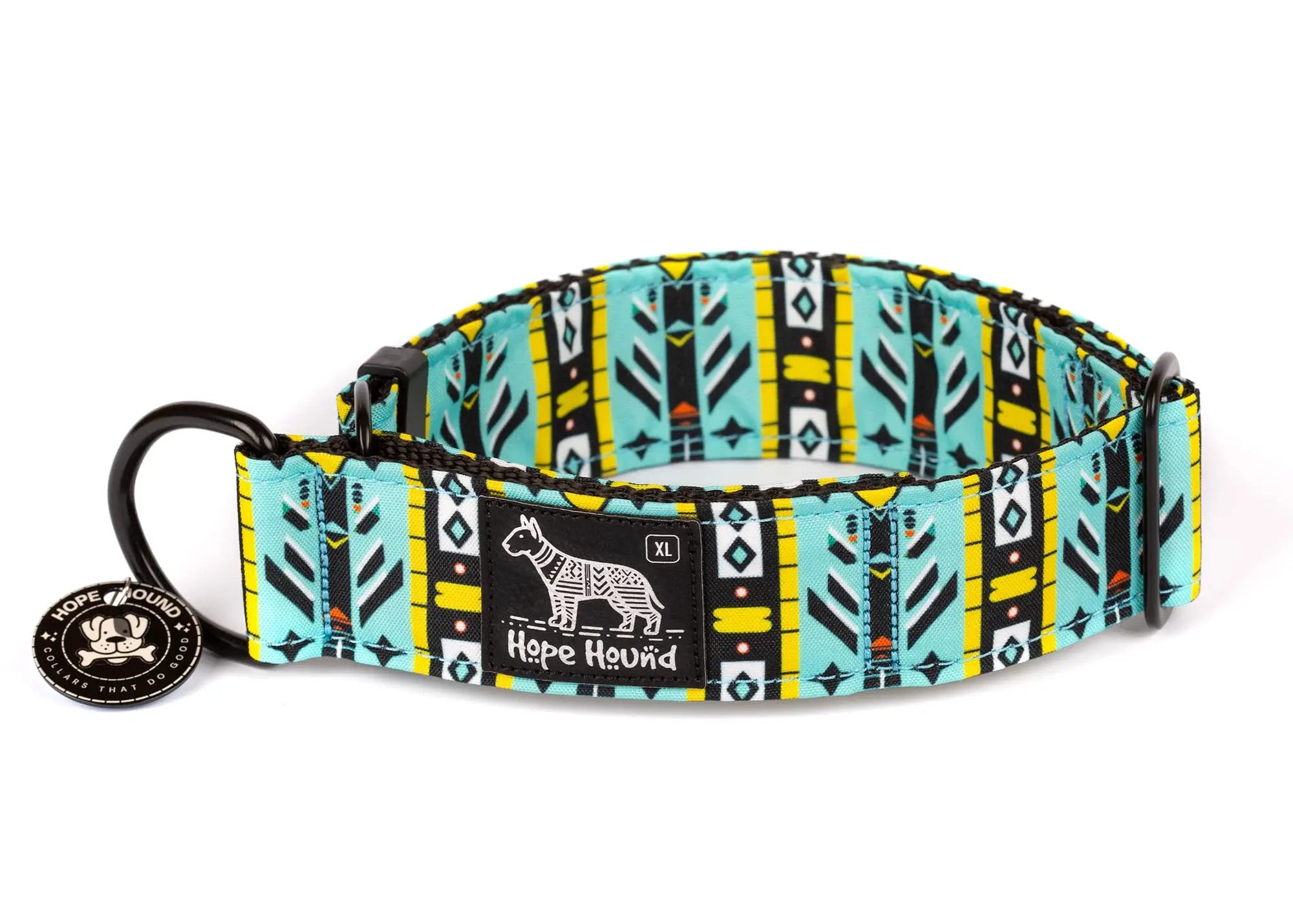 Hope Hound limited slip waterproof tribal dog collar with blue geometric pattern 
