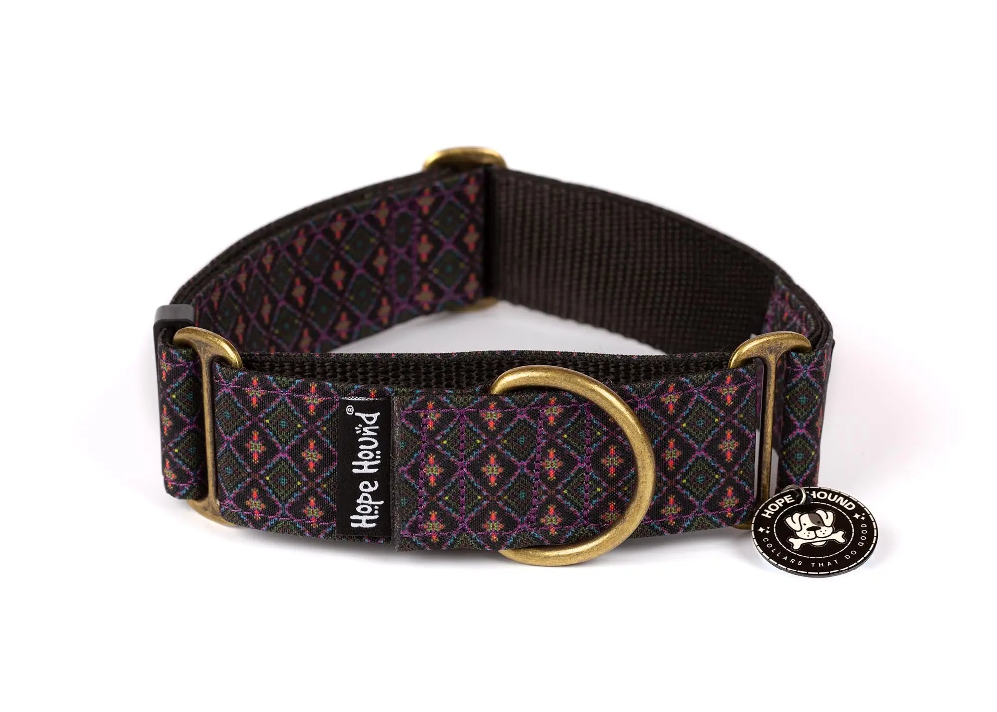 Hope Hound martingale waterproof dog collar with purple pattern and brass buckle