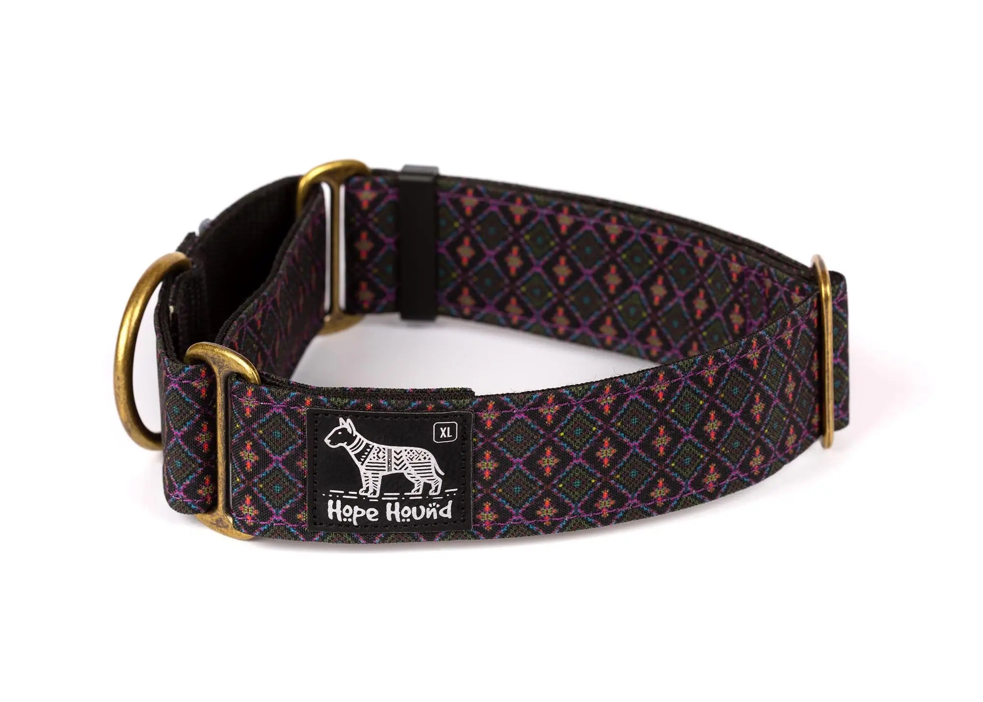 Hope Hound martingale waterproof dog collar with purple pattern and brass buckle