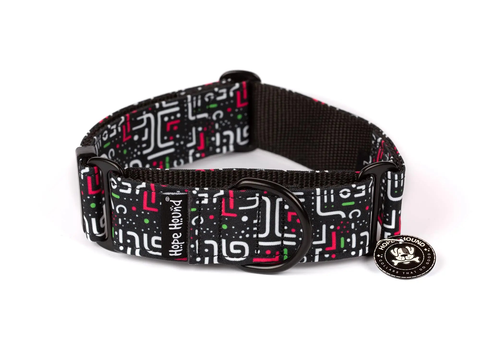 Hope Hound martingale waterproof dog collar with a colourful neon geometric pattern 