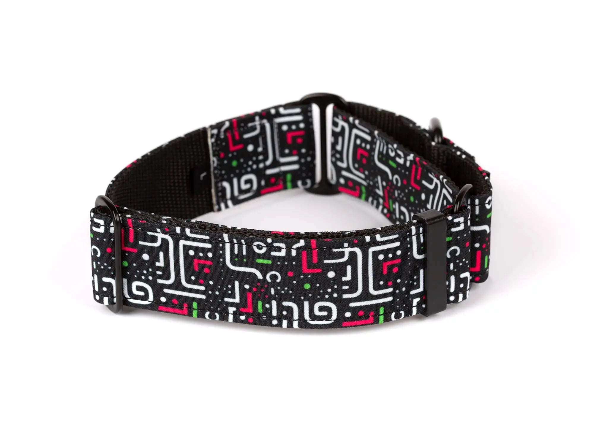 Hope Hound martingale waterproof dog collar with a colourful neon geometric pattern 