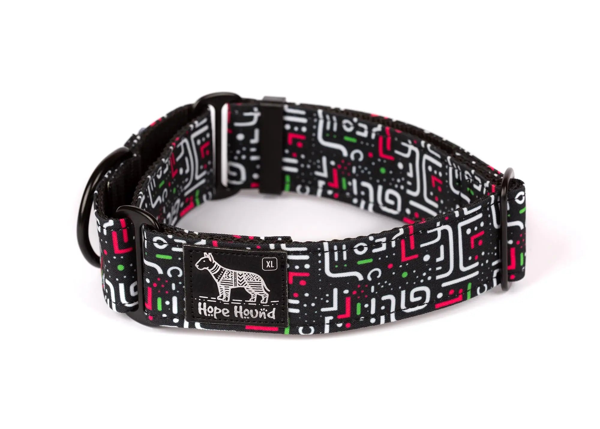 Hope Hound martingale waterproof dog collar with a colourful neon geometric pattern 