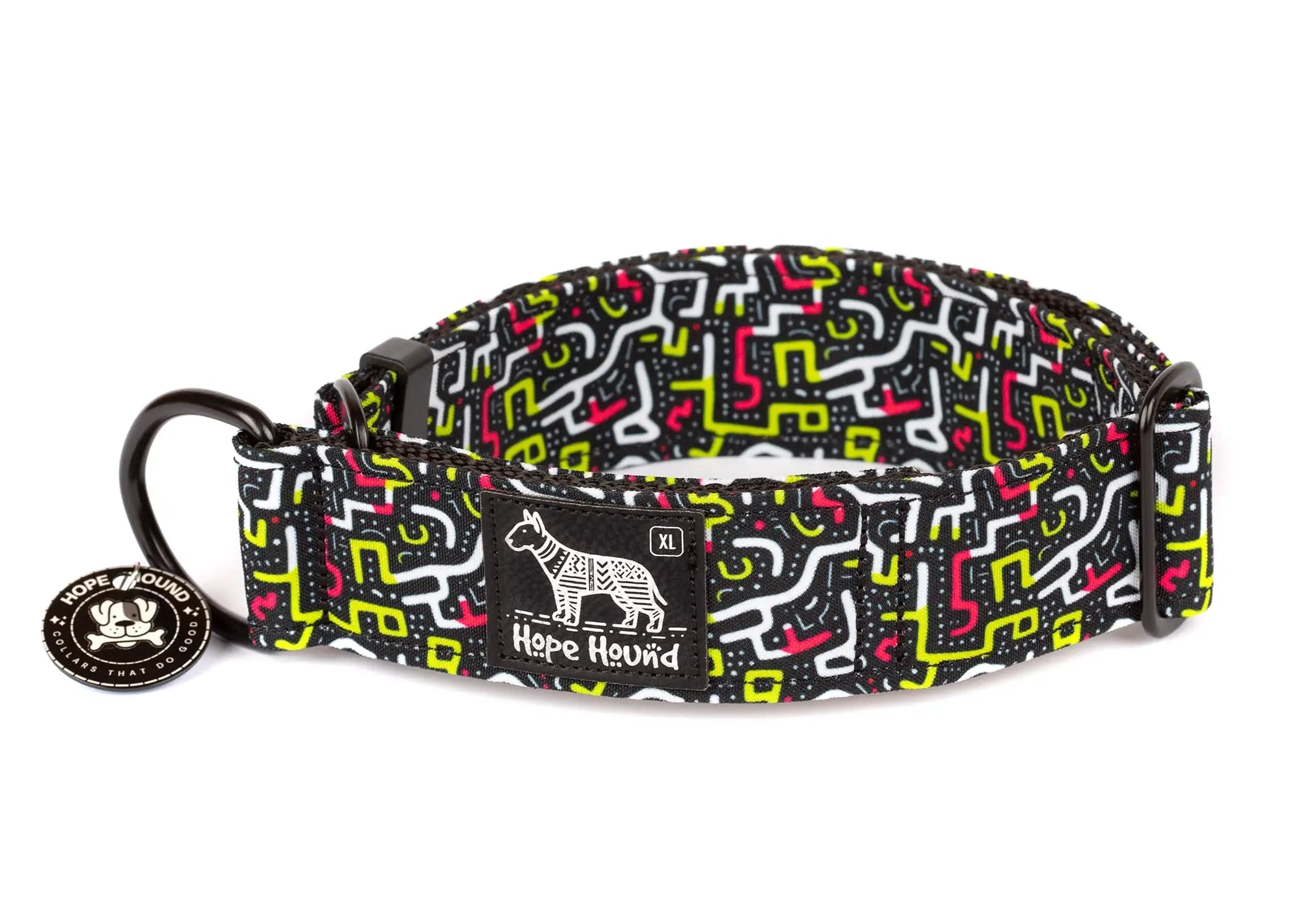 Hope Hound limited slip waterpoof dog collar with geometric neon pattern on a black background
