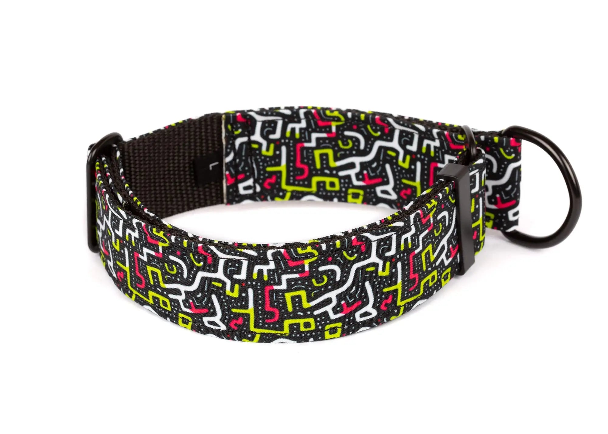 Hope Hound limited slip waterpoof dog collar with geometric neon pattern on a black background