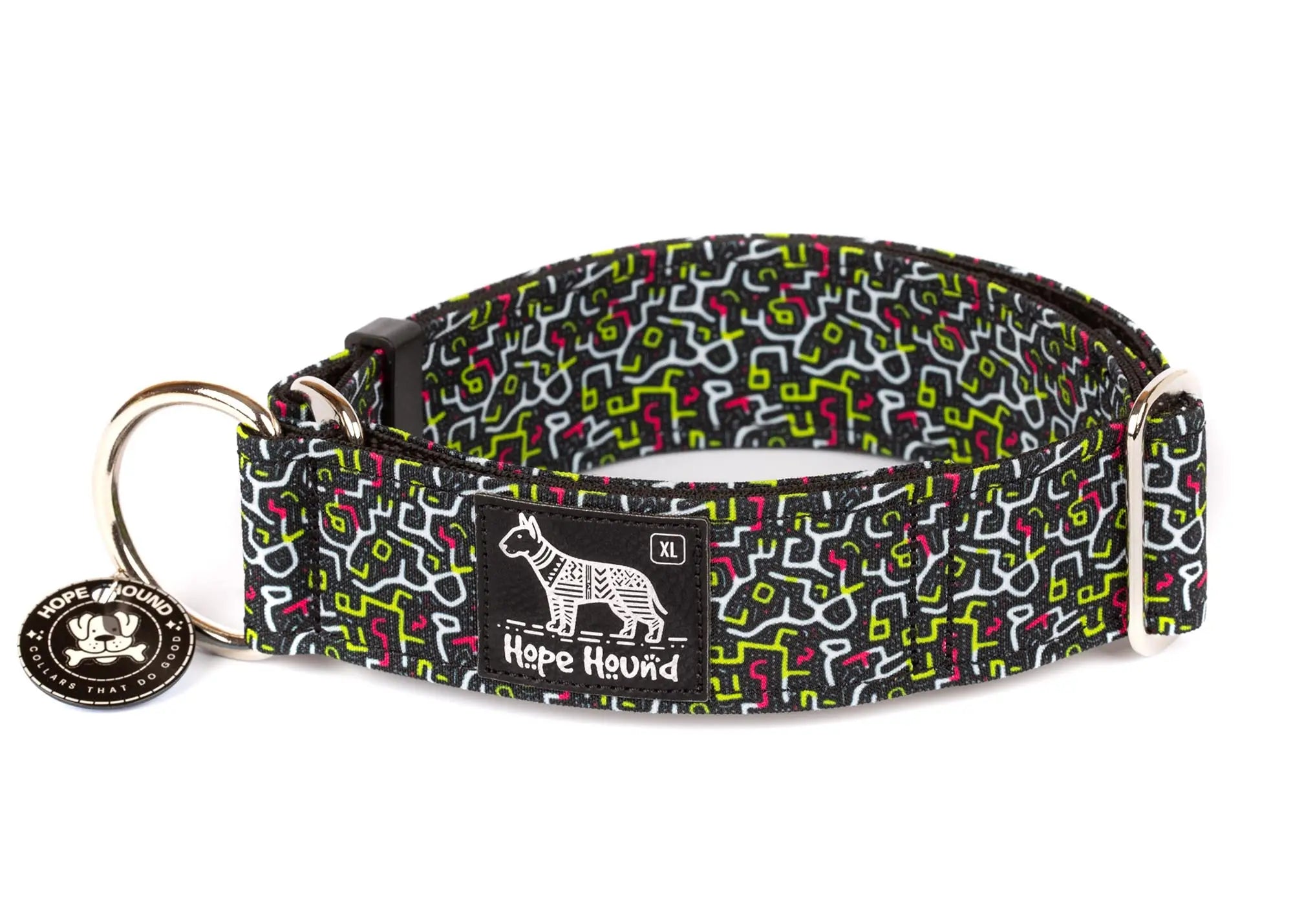 Hope Hound limited slip waterproof dog collar with geometric neon pattern and black background