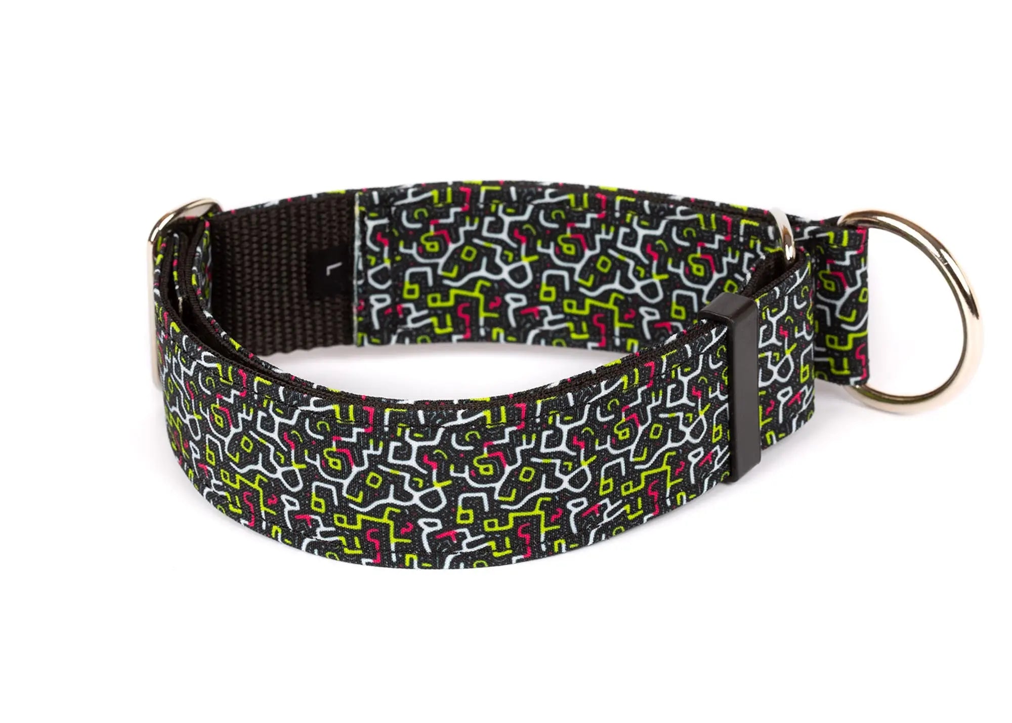 Hope Hound limited slip waterproof dog collar with geometric neon pattern and black background