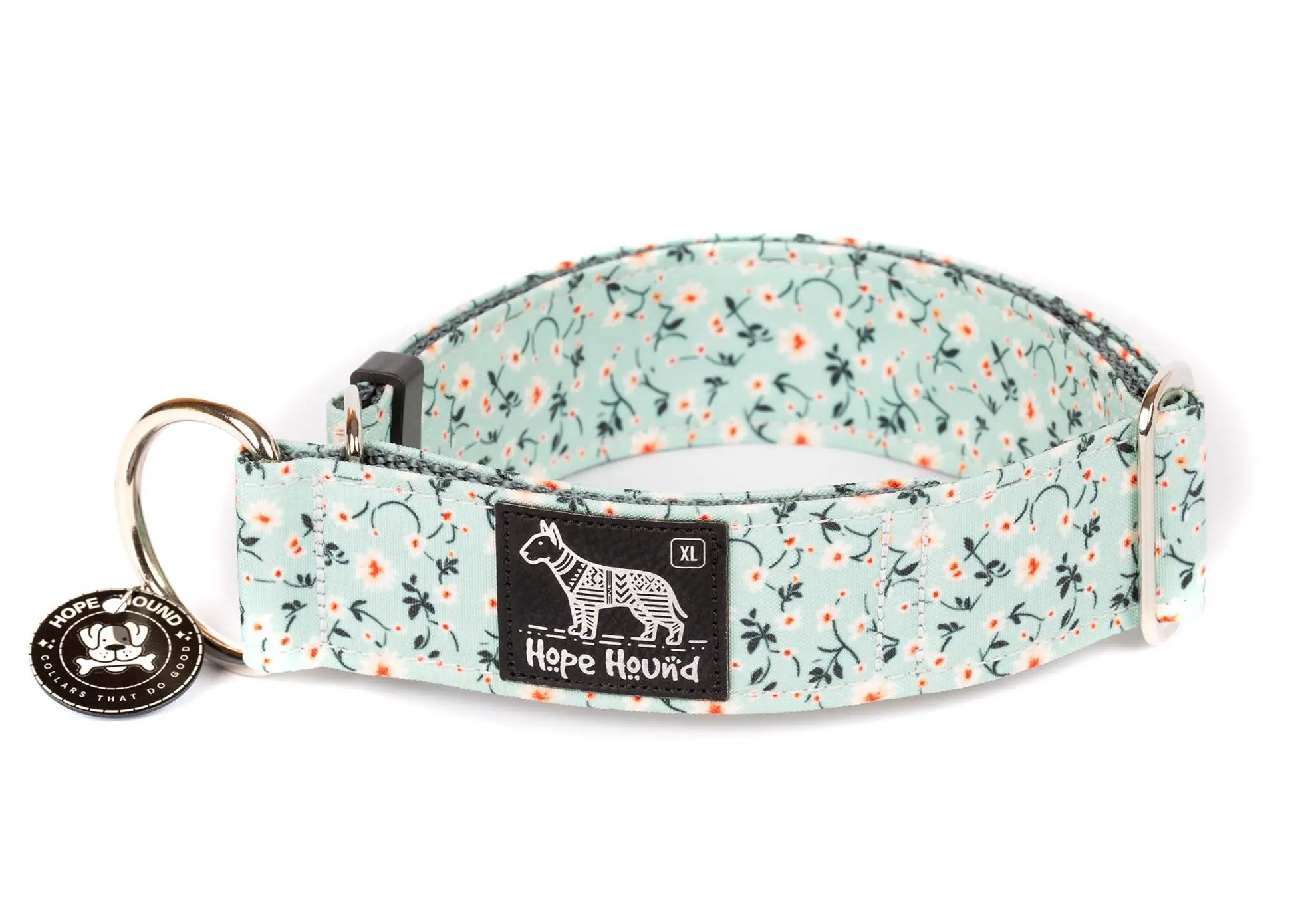 Hope Hound limited slip waterproof Floral-patterned dog collar with a egg shell blue background