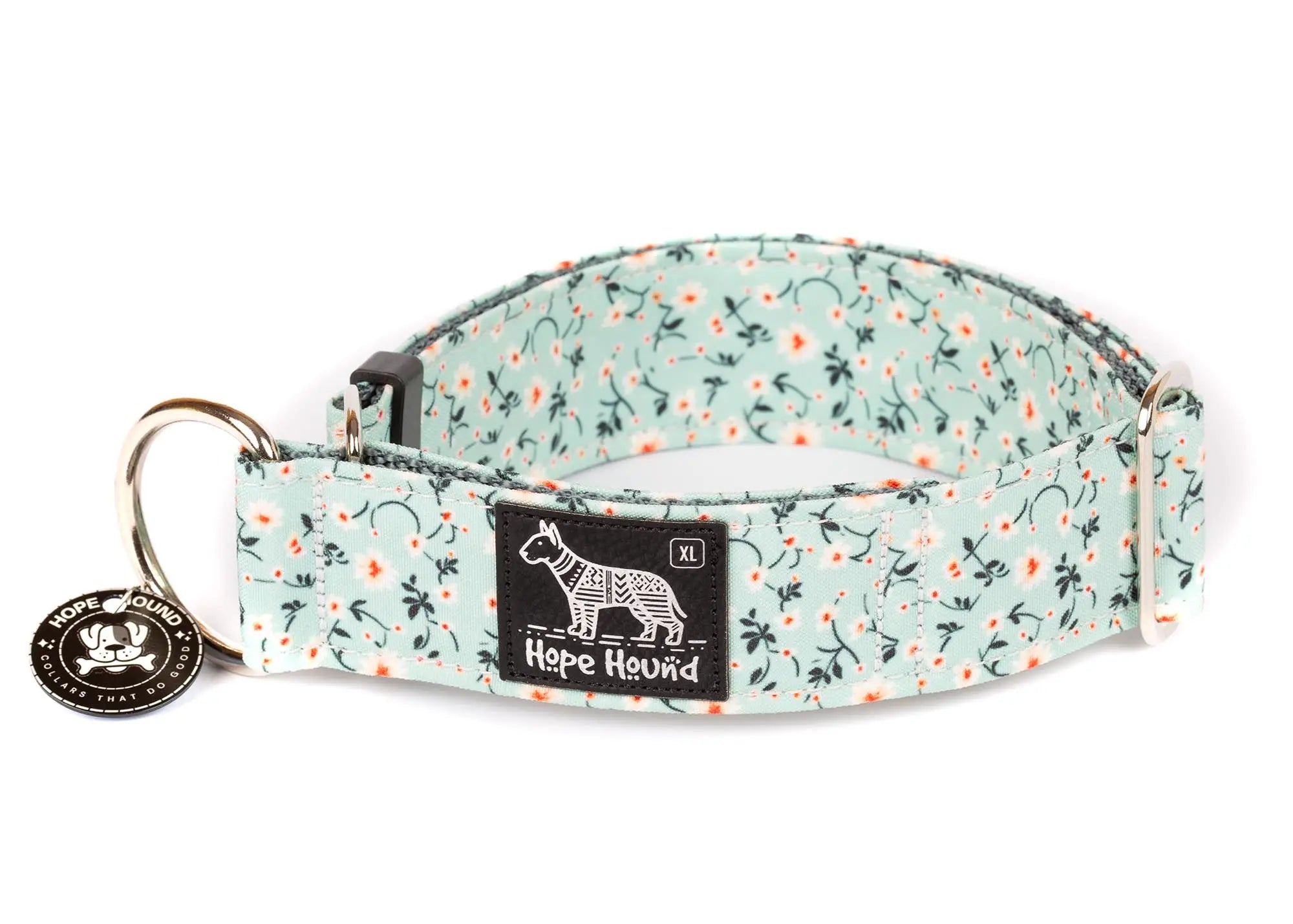 Hope Hound limited slip waterproof Floral-patterned dog collar with a egg shell blue background