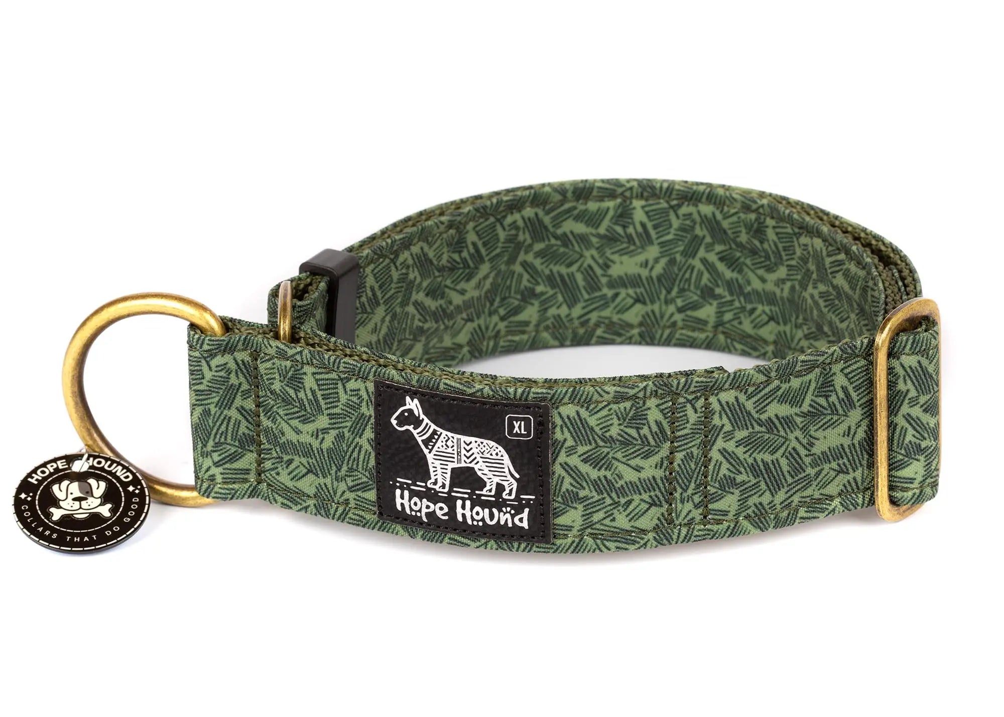 Hope Hound limited slip waterproof dog collar with black botanical pattern on a green background