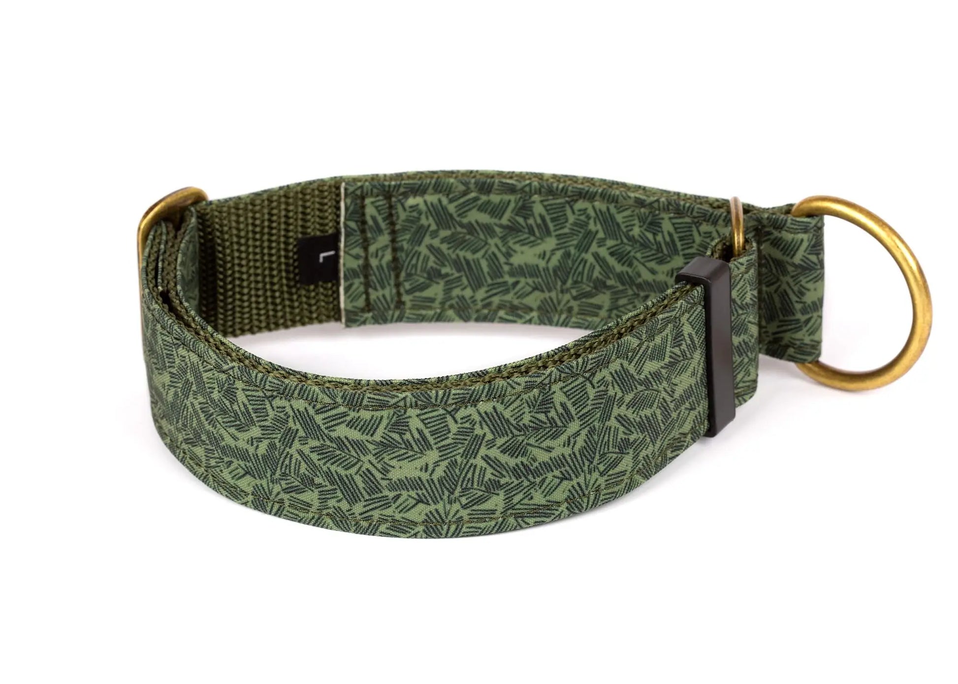Hope Hound limited slip waterproof dog collar with black botanical pattern on a green background