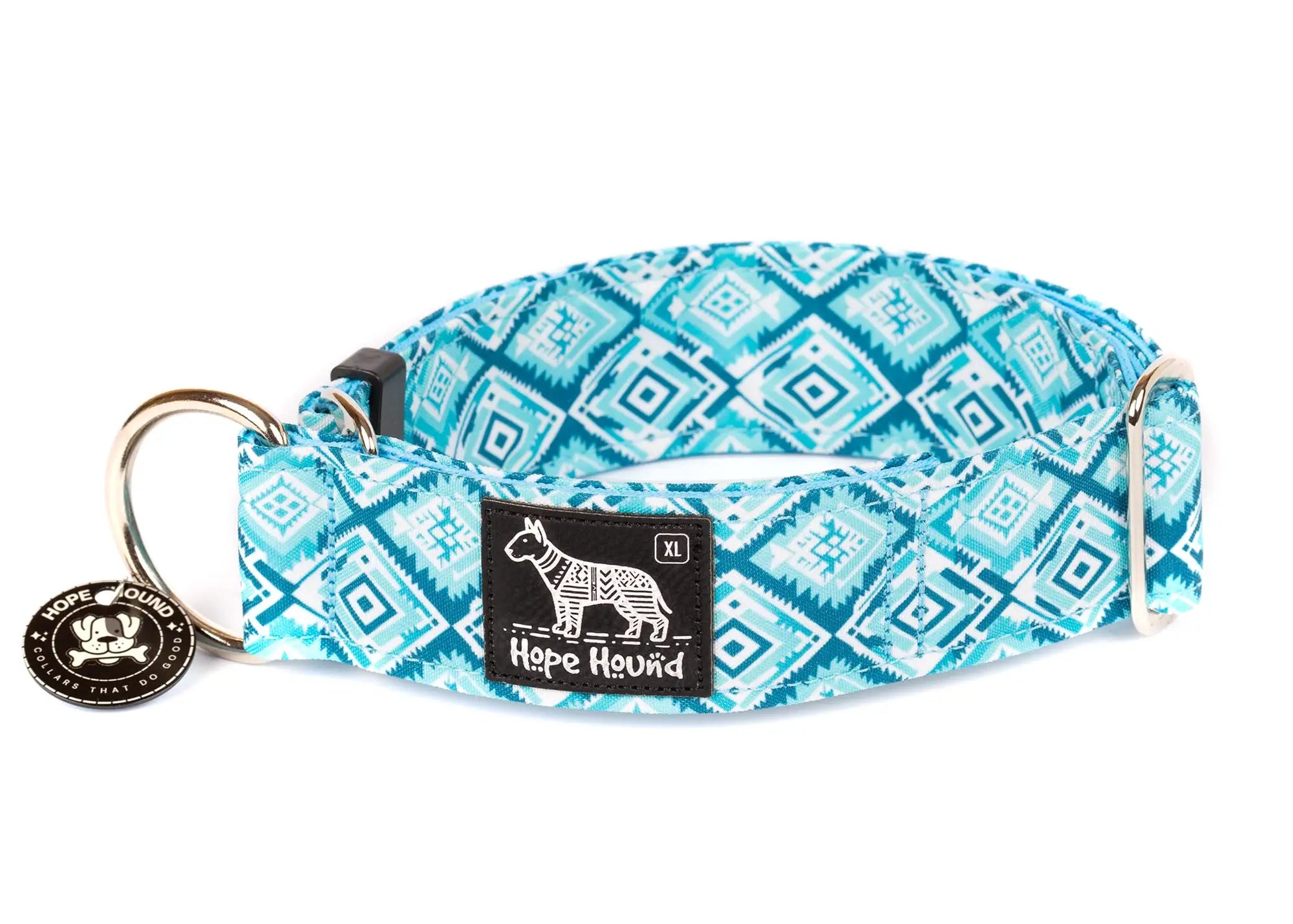 Hope Hound limited slip waterproof dog collar with blue and white geometric pattern