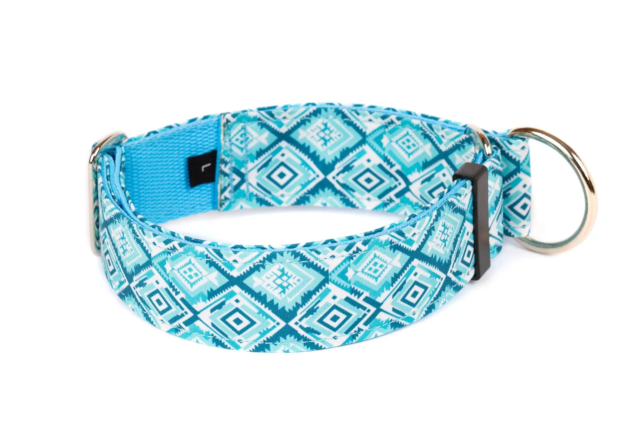 Hope Hound limited slip waterproof dog collar with blue and white geometric pattern