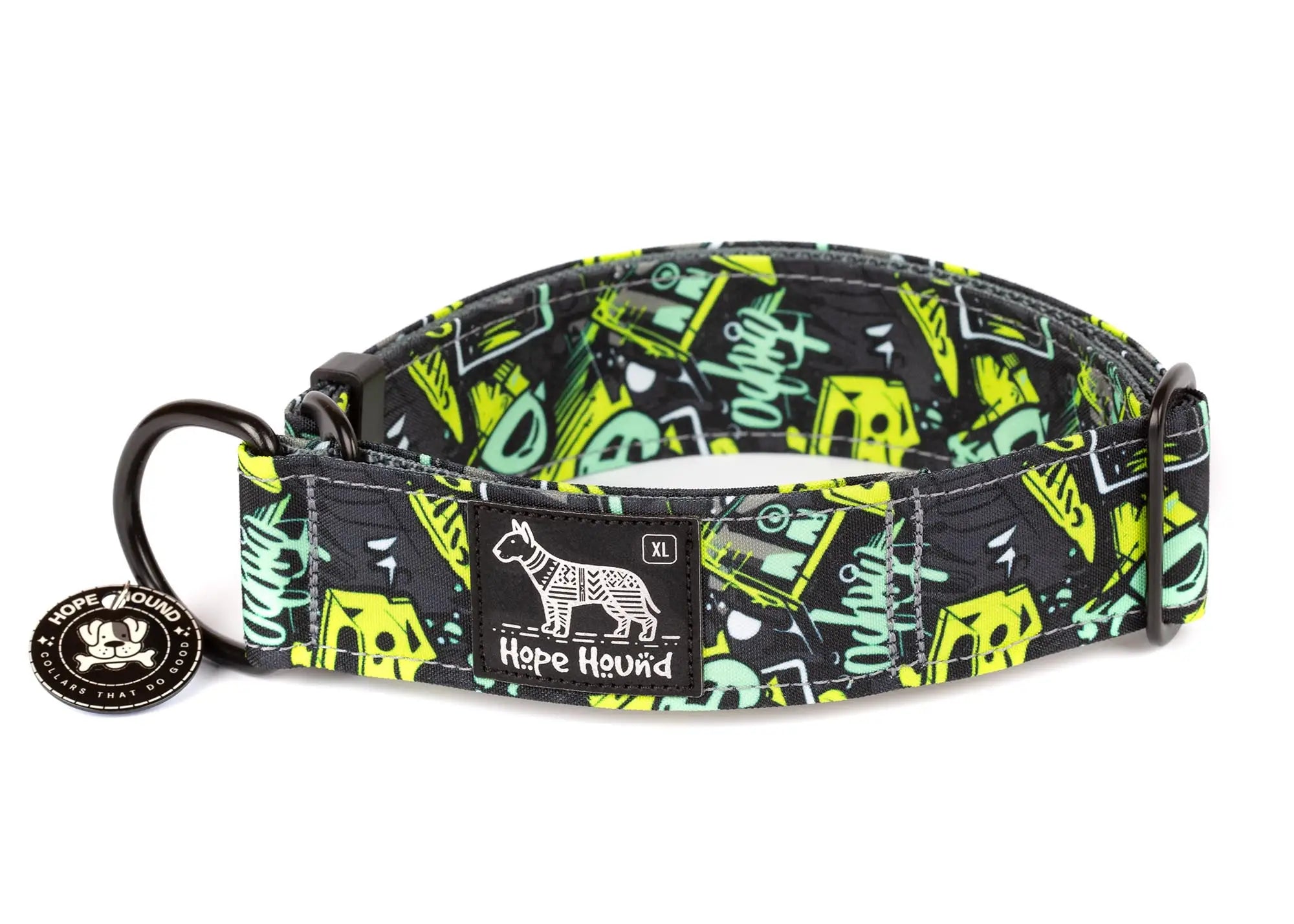 Hope Hound limited slip waterproof dog collar with neon graffiti design on grey background