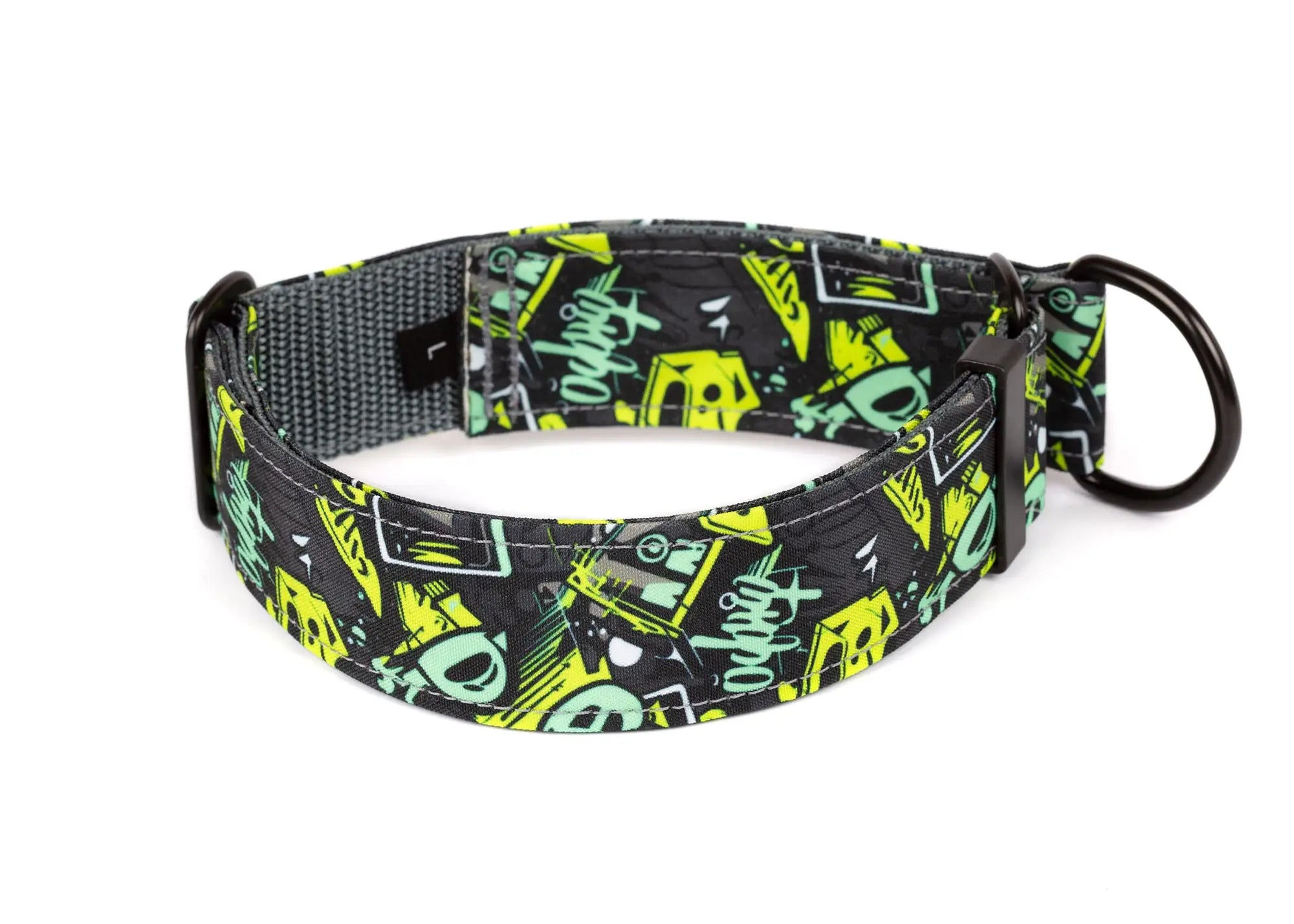 Hope Hound limited slip waterproof dog collar with neon graffiti design on grey background