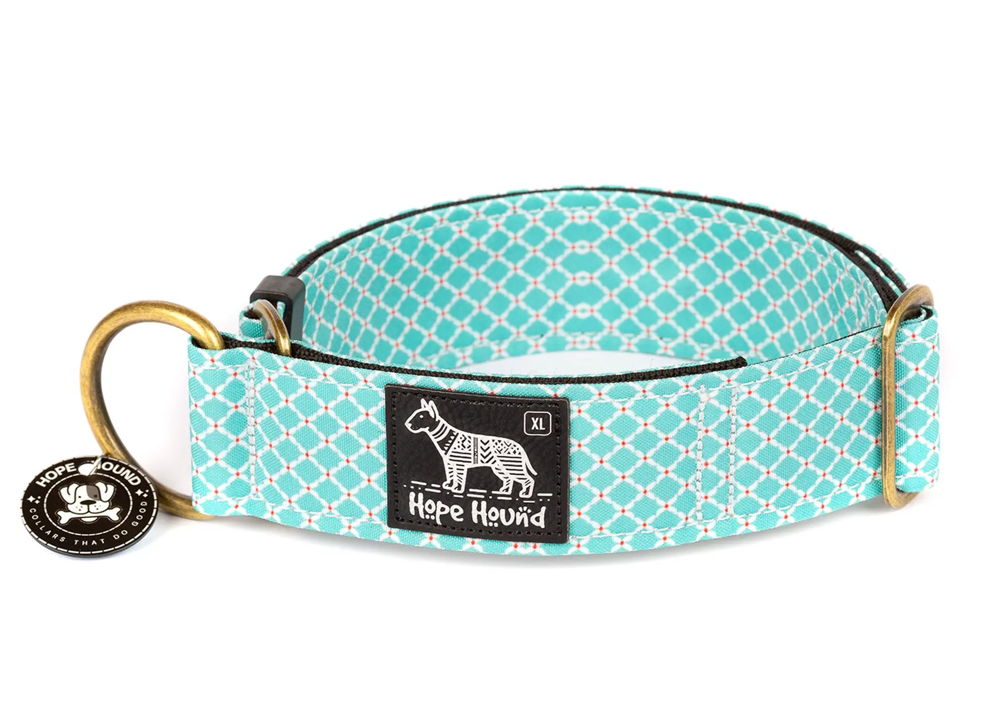 Hope Hound limited slip waterproof dog collar with geometric turquoise pattern 