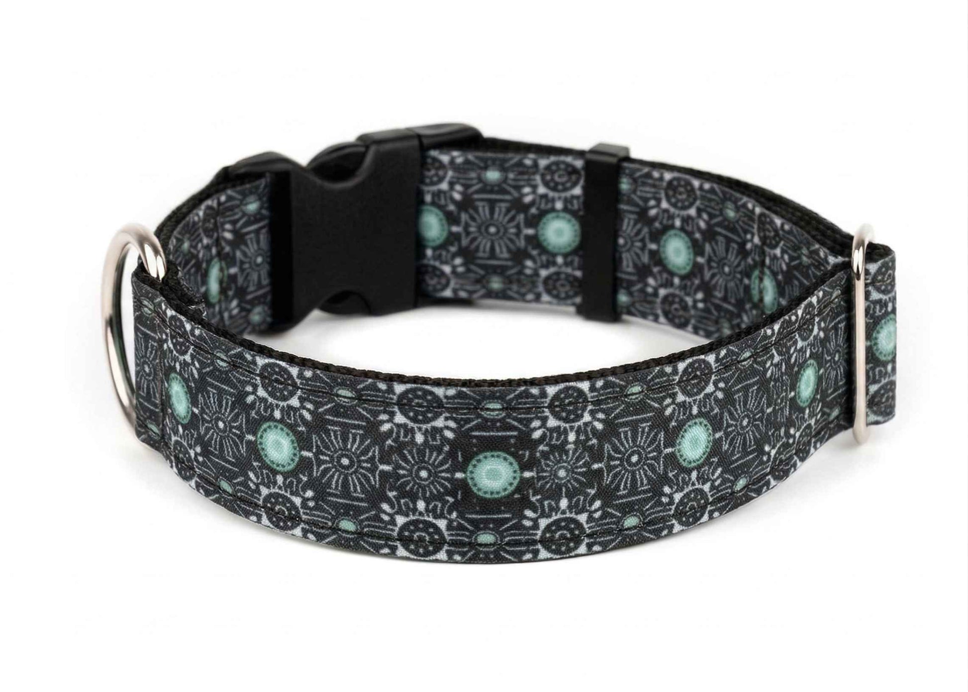 Hope Hound buckle dog collar with black, white and blue pattern