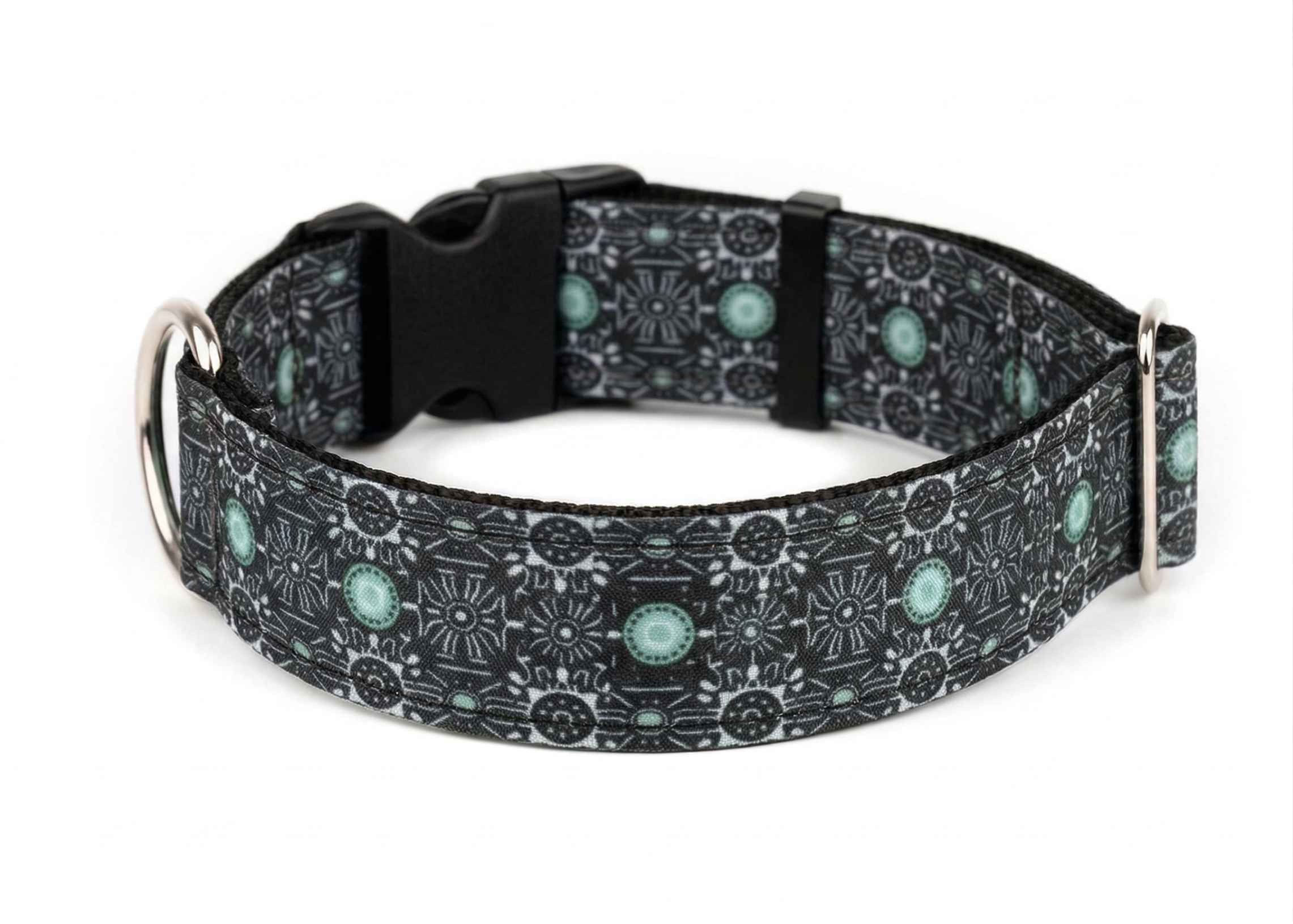 Hope Hound buckle dog collar with black, white and blue pattern