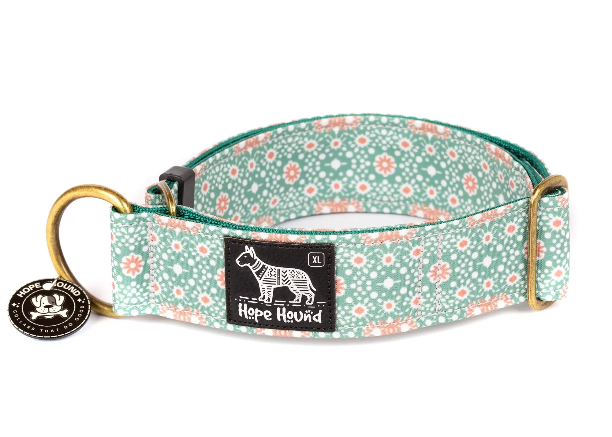 Hope Hound Wunderlust limited slip dog collar with mink green and pink floral pattern 