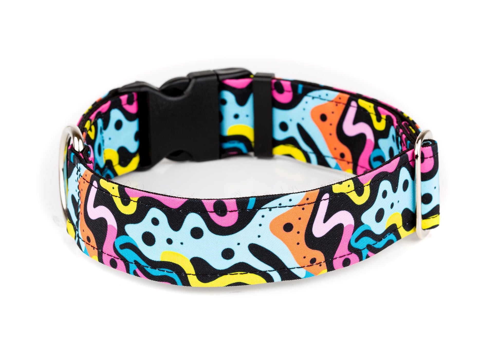 Colorful patterned dog collar on a white background