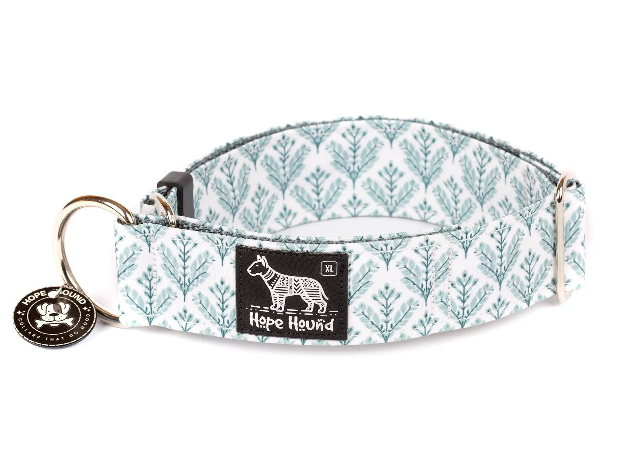 Hope Hound limited slip waterproof dog collar with botanical blue pattern on white background