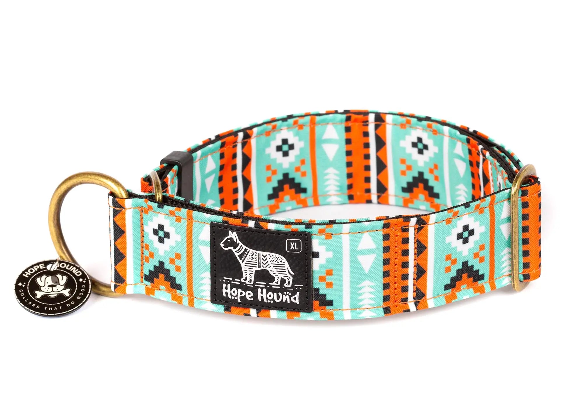 Hope Hound limited slip waterproof dog collar with geometric blue and orange aztec pattern