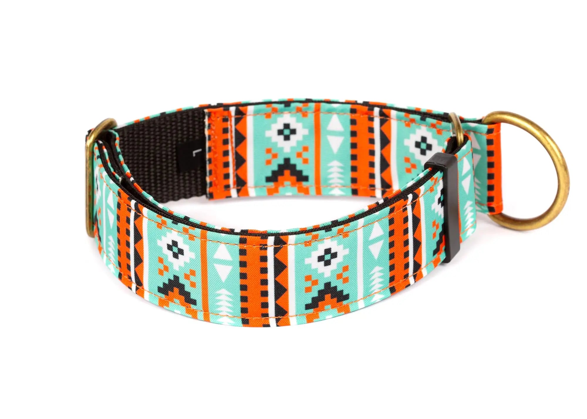 Hope Hound limited slip waterproof dog collar with geometric blue and orange aztec pattern