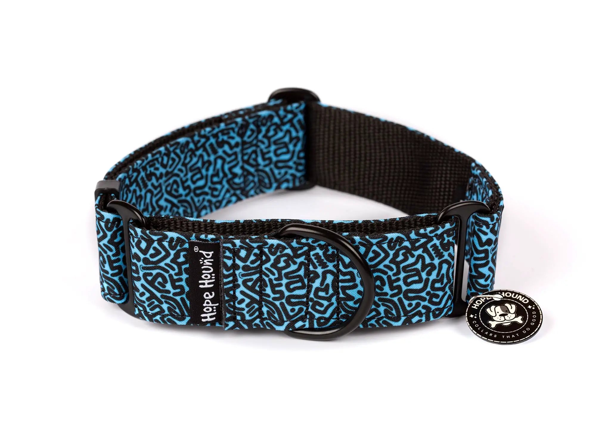 Hope Hound martingale waterproof dog collar with blue and black pattern 