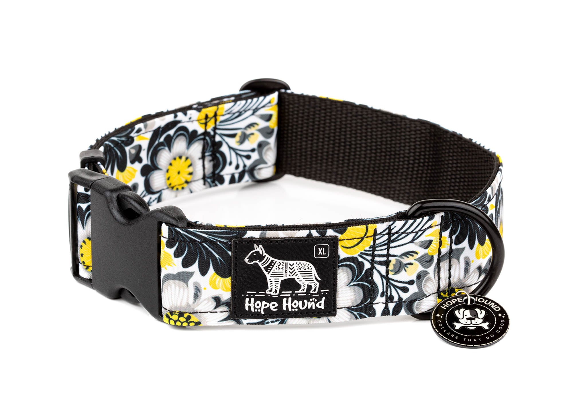 Dog collar with floral pattern and 'Hope Hound' branding on a white background