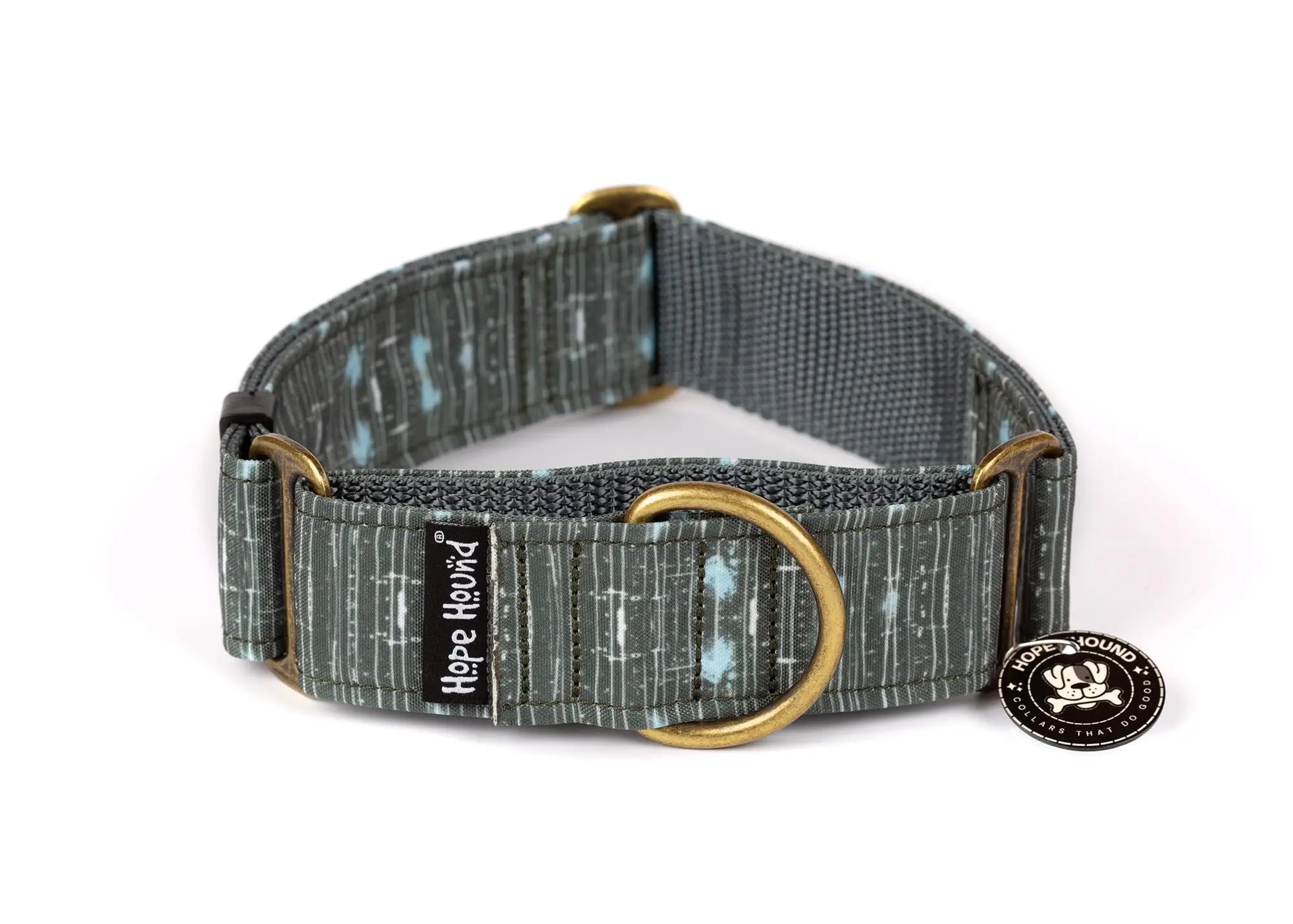 Hope Hound martingale waterproof dog collar with a patterned design on a grey background