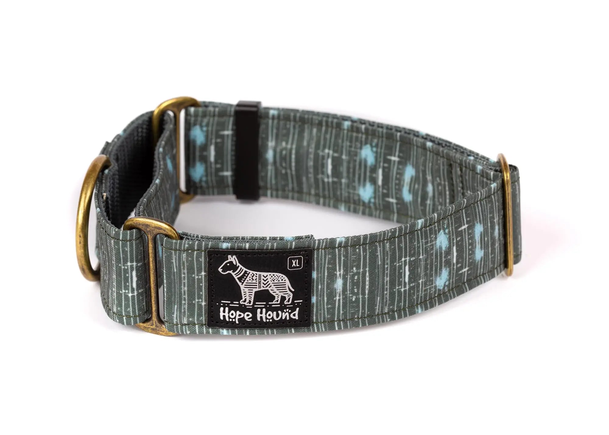 Hope Hound martingale waterproof dog collar with a patterned design on a grey background