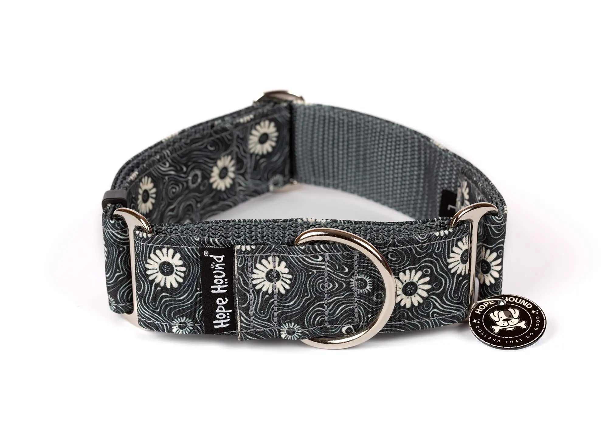 Hope Hound martingale waterproof dog collar with white floral pattern with dar grey background