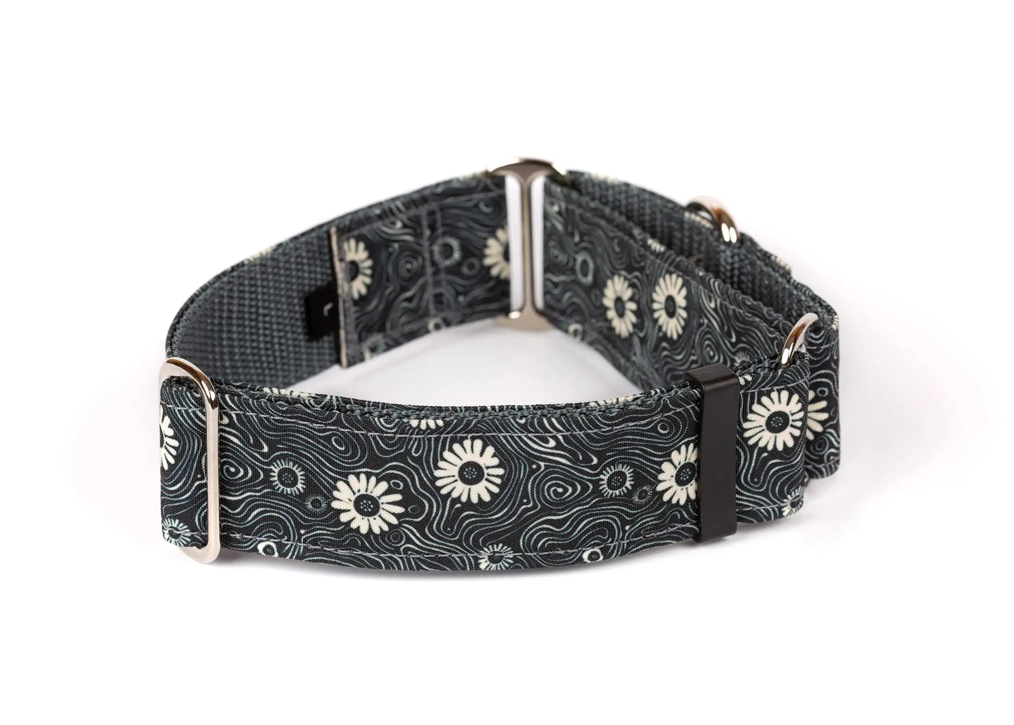 Hope Hound martingale waterproof dog collar with white floral pattern with dar grey background