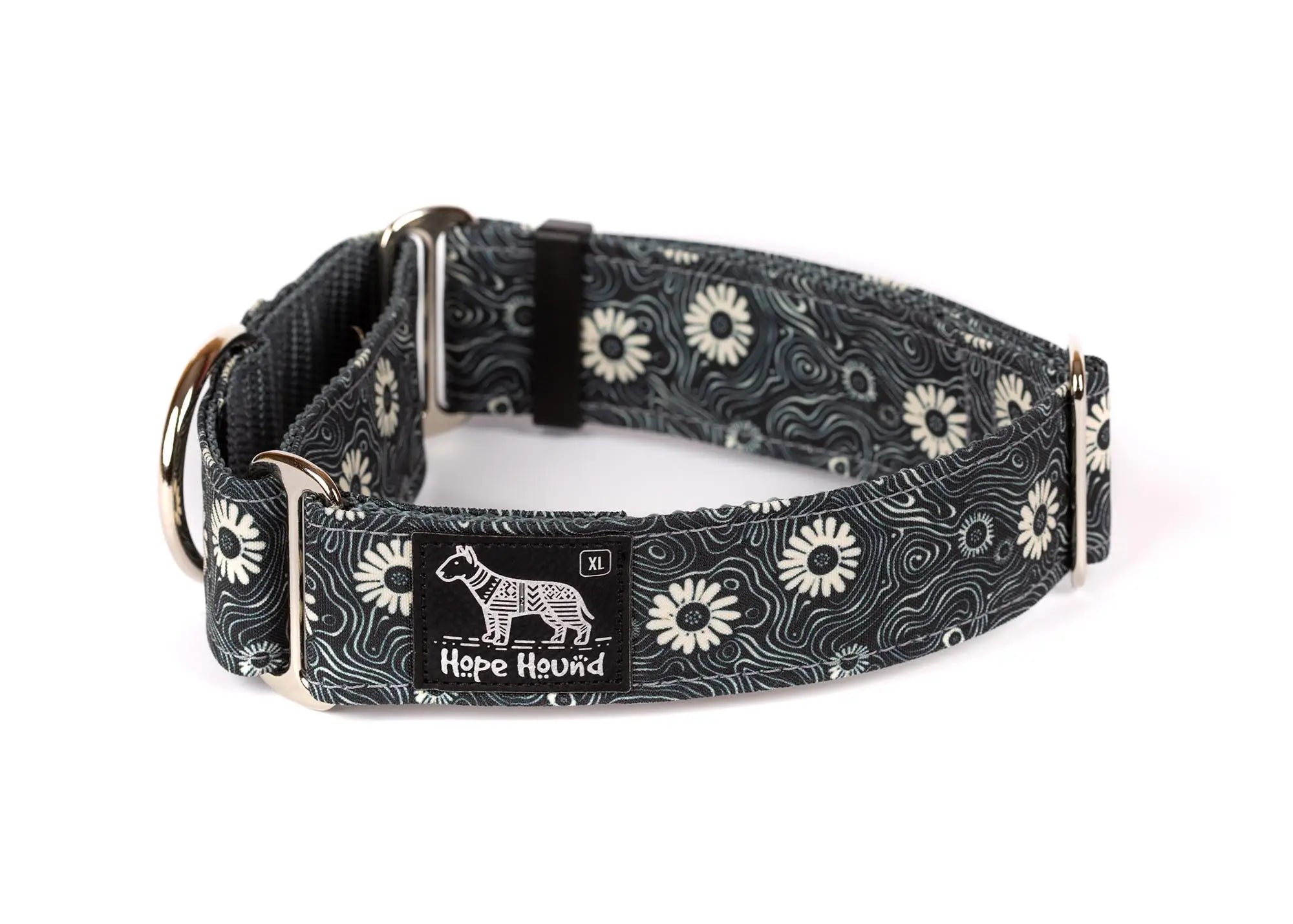 Hope Hound martingale waterproof dog collar with white floral pattern with dar grey background