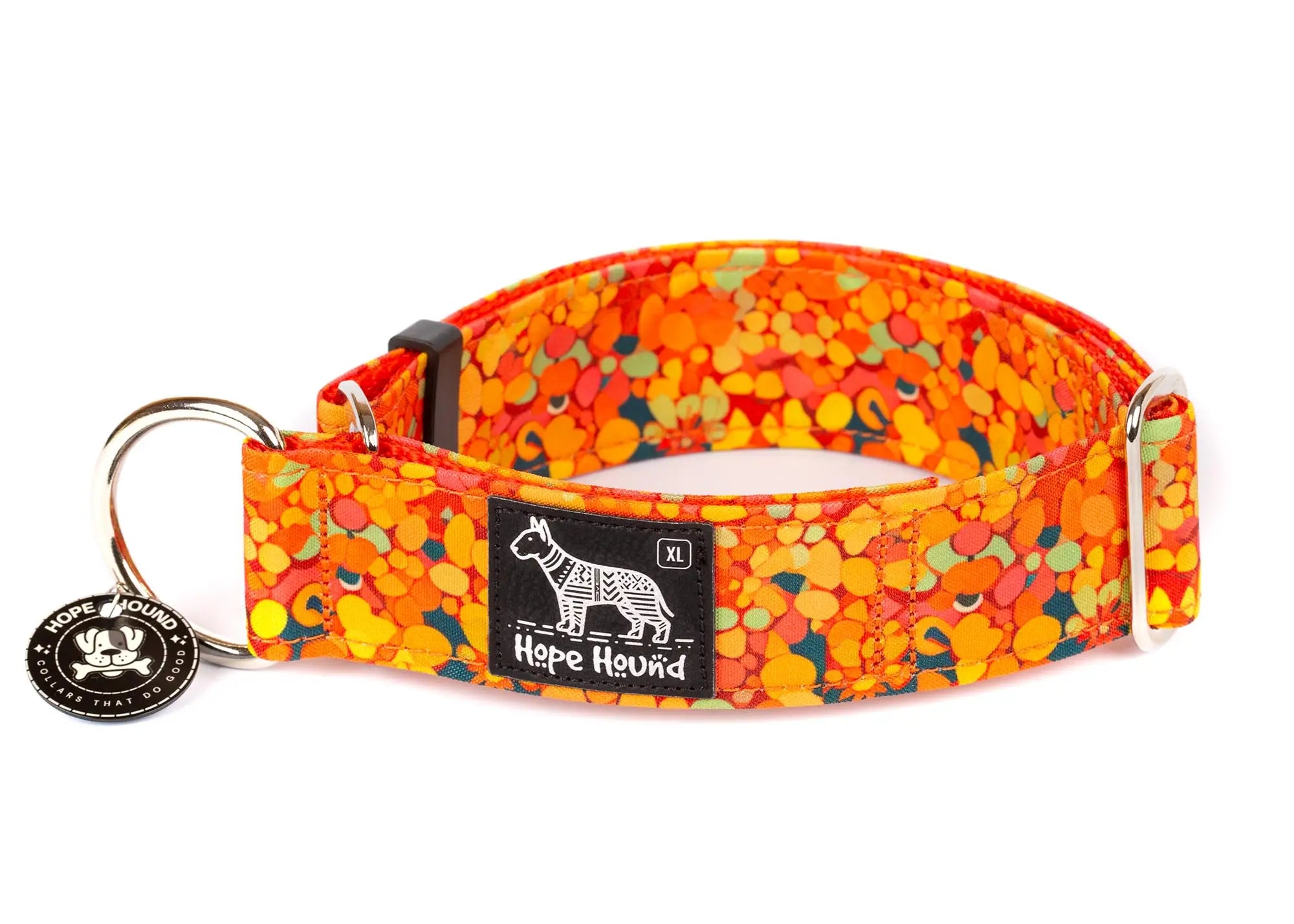Hope Hound limited slip waterproof  dog collar with colourful orange pattern