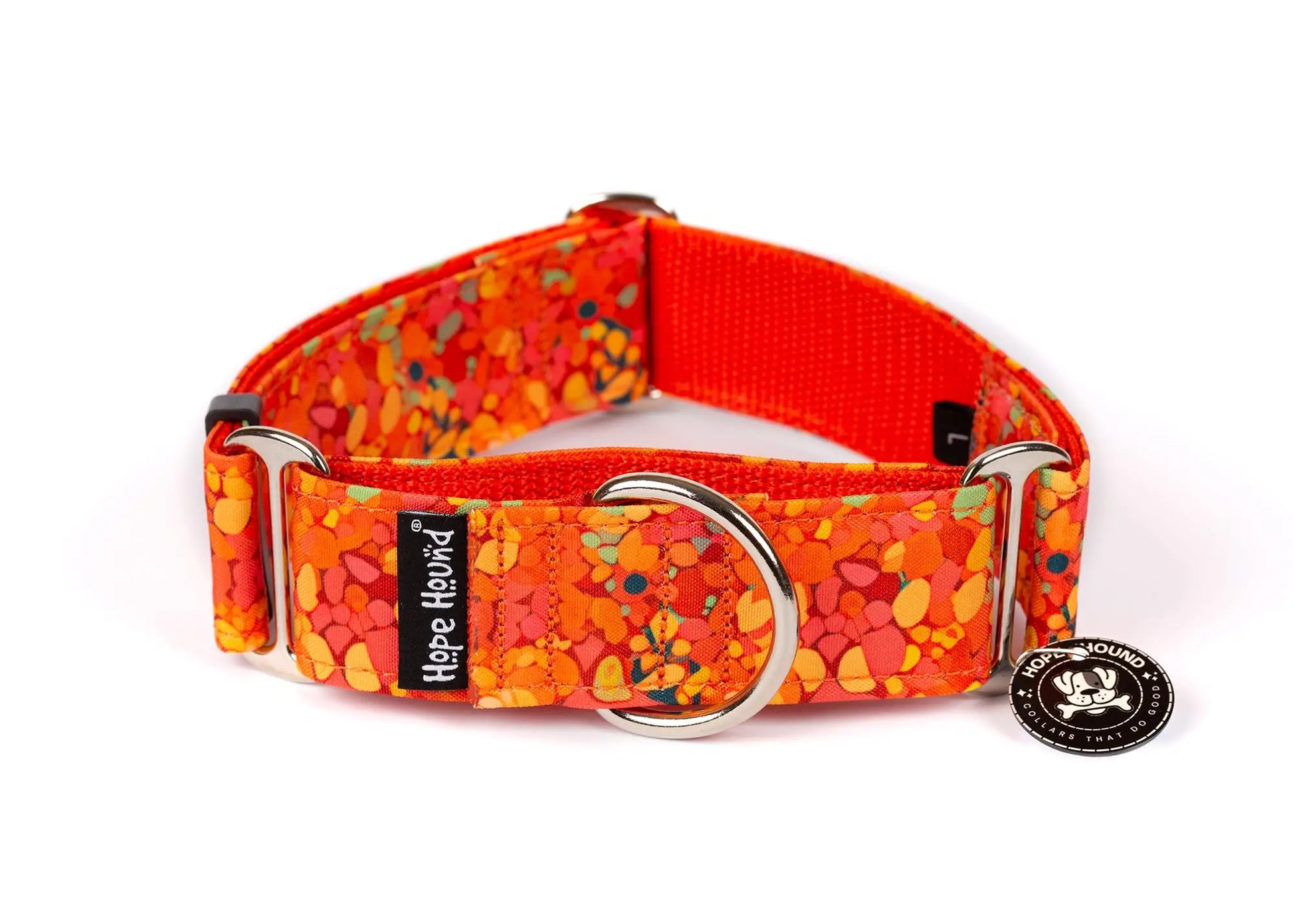 Hope Hound martingale waterproof dog collar with colourful orange pattern