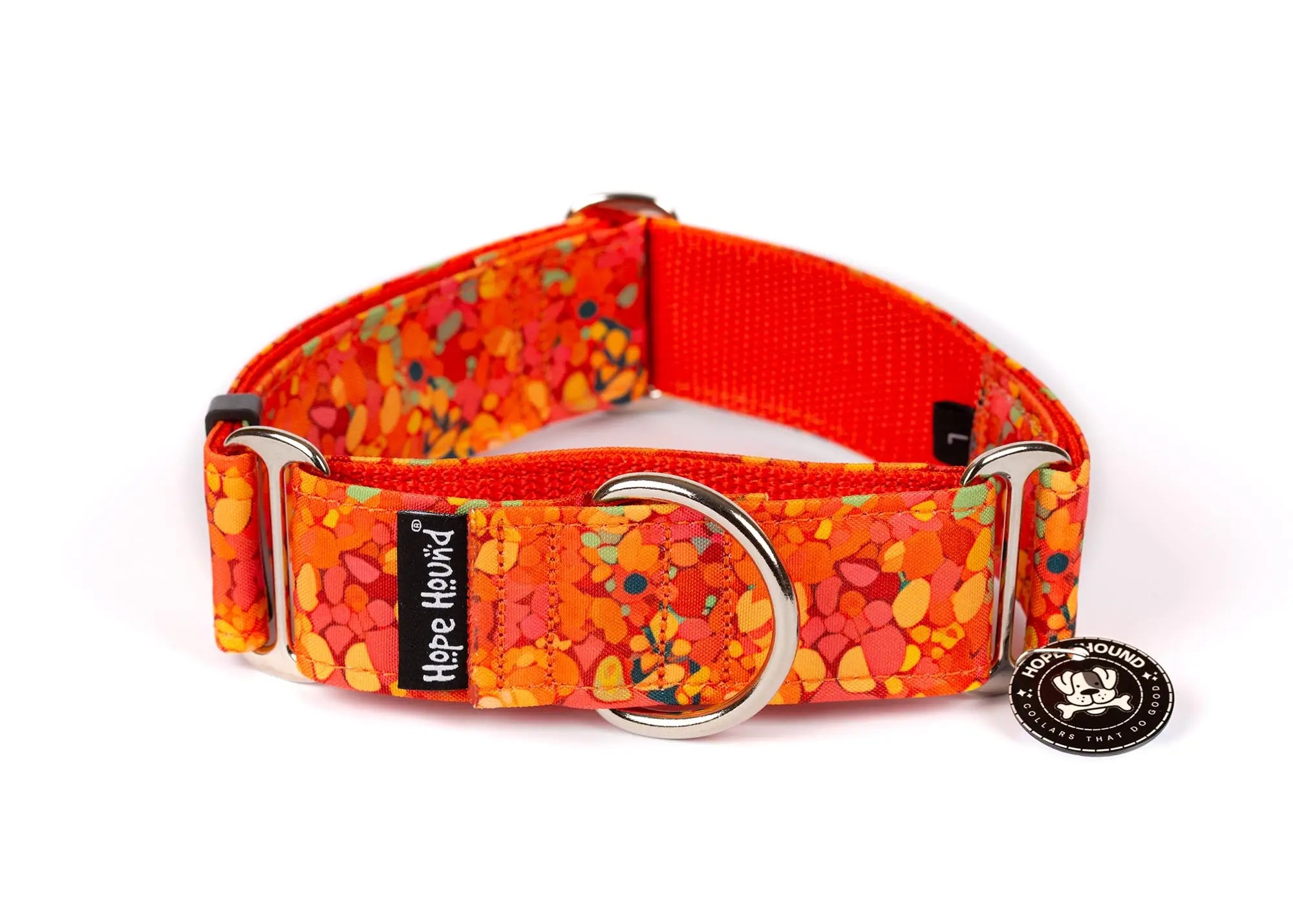 Hope Hound martingale waterproof dog collar with colourful orange pattern