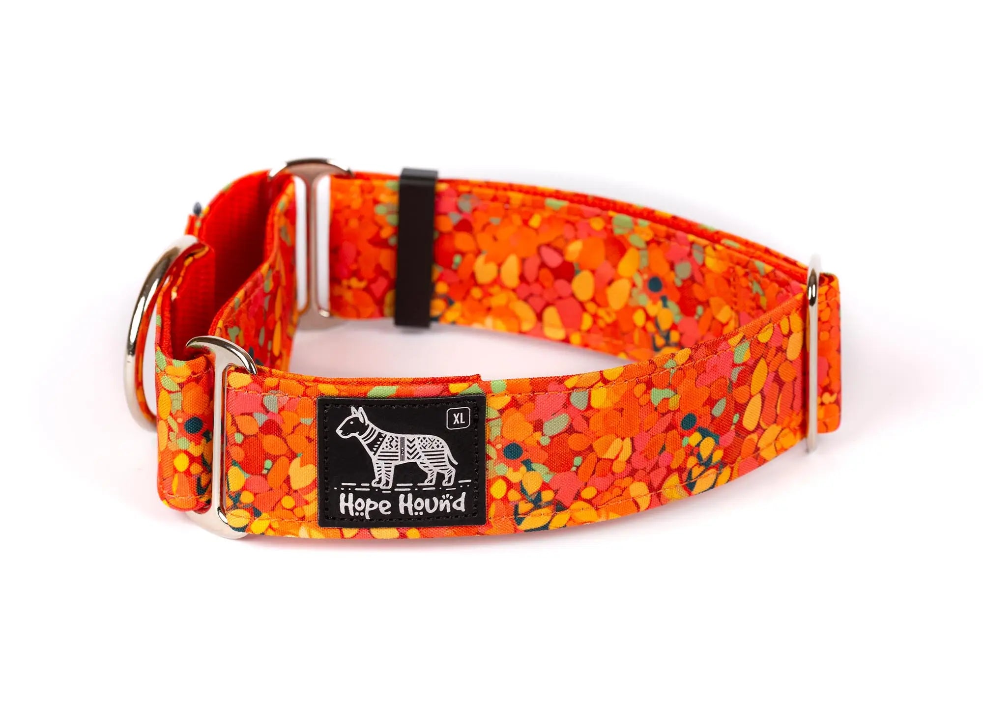 Hope Hound martingale waterproof dog collar with colourful orange pattern