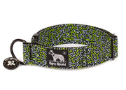 Dog collar with geometric neon green and white pattern on a black background