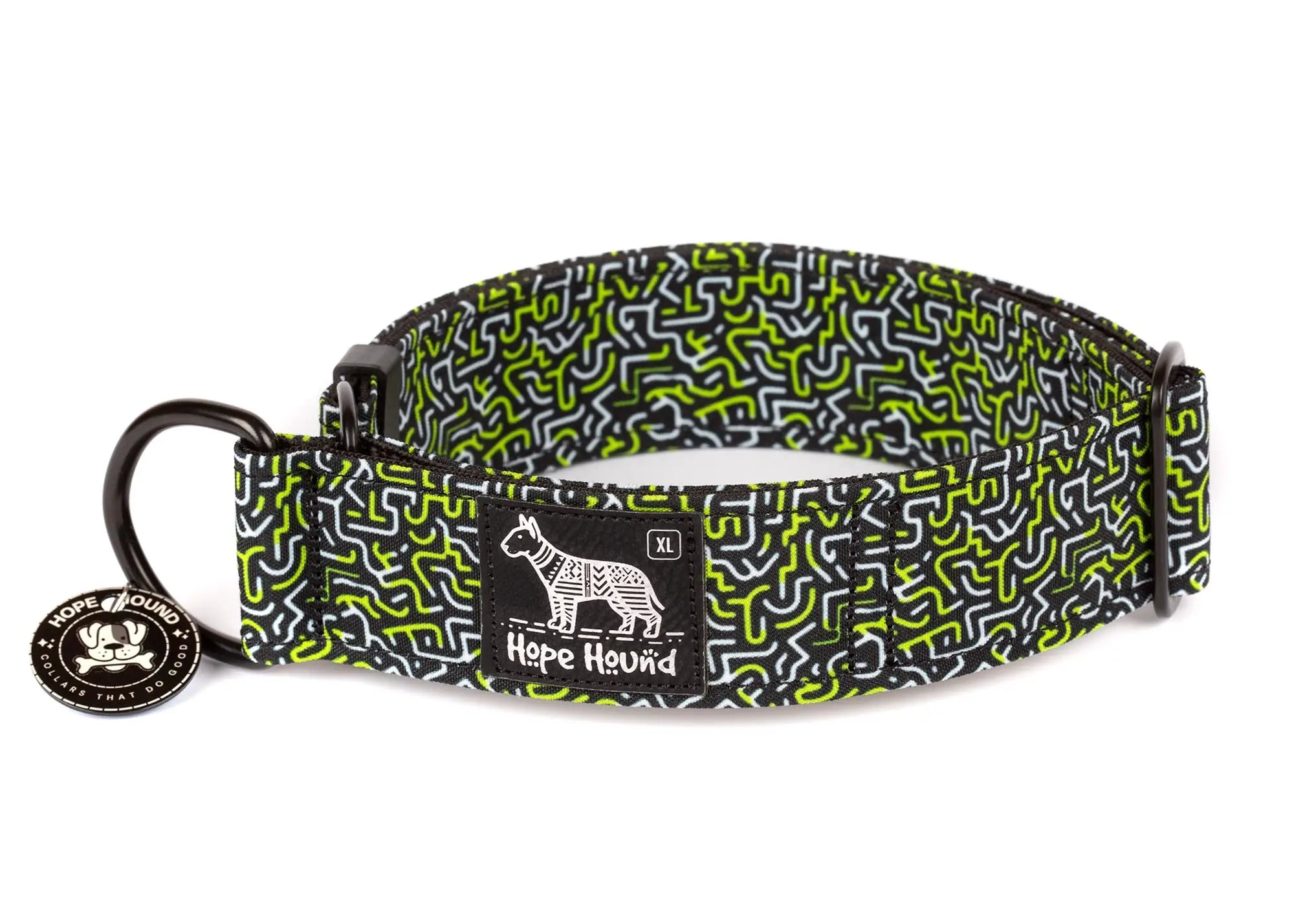 Dog collar with geometric neon green and white pattern on a black background