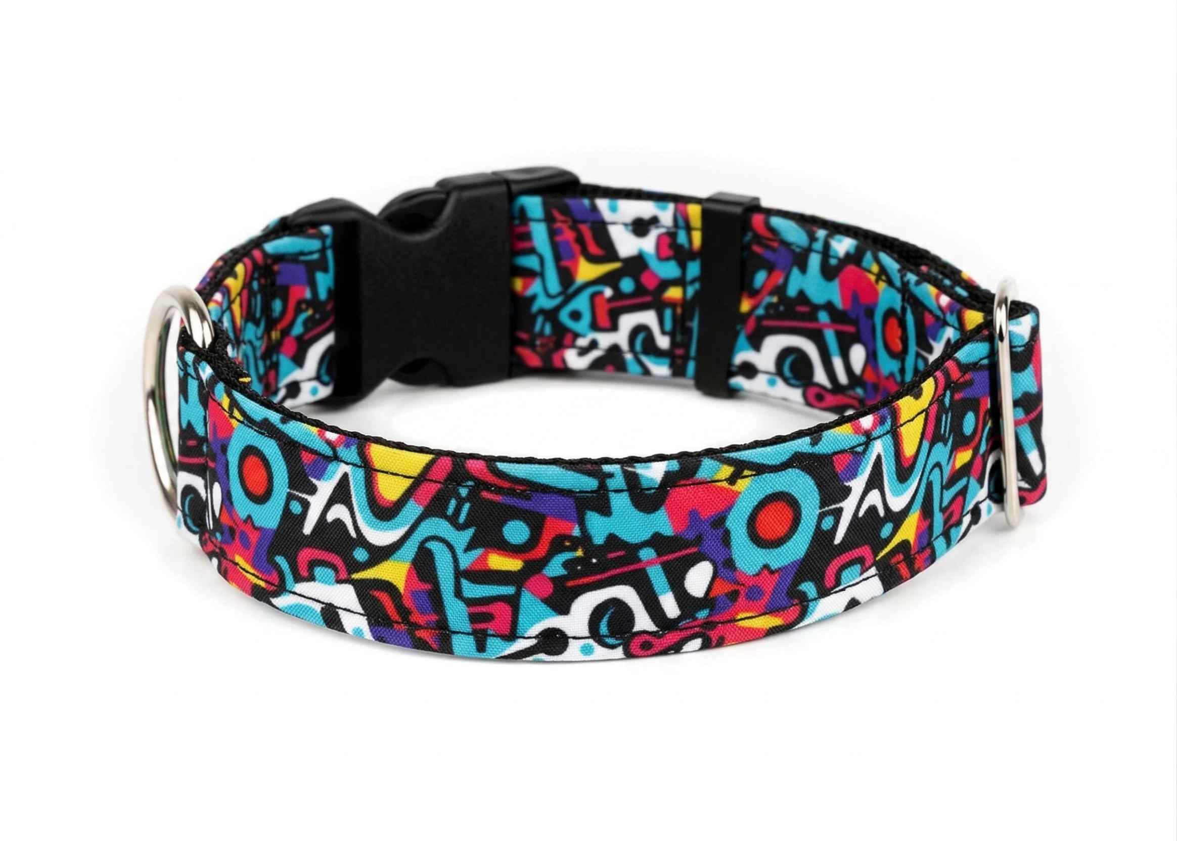 Back view of colourful hope hound dog collar on a white background