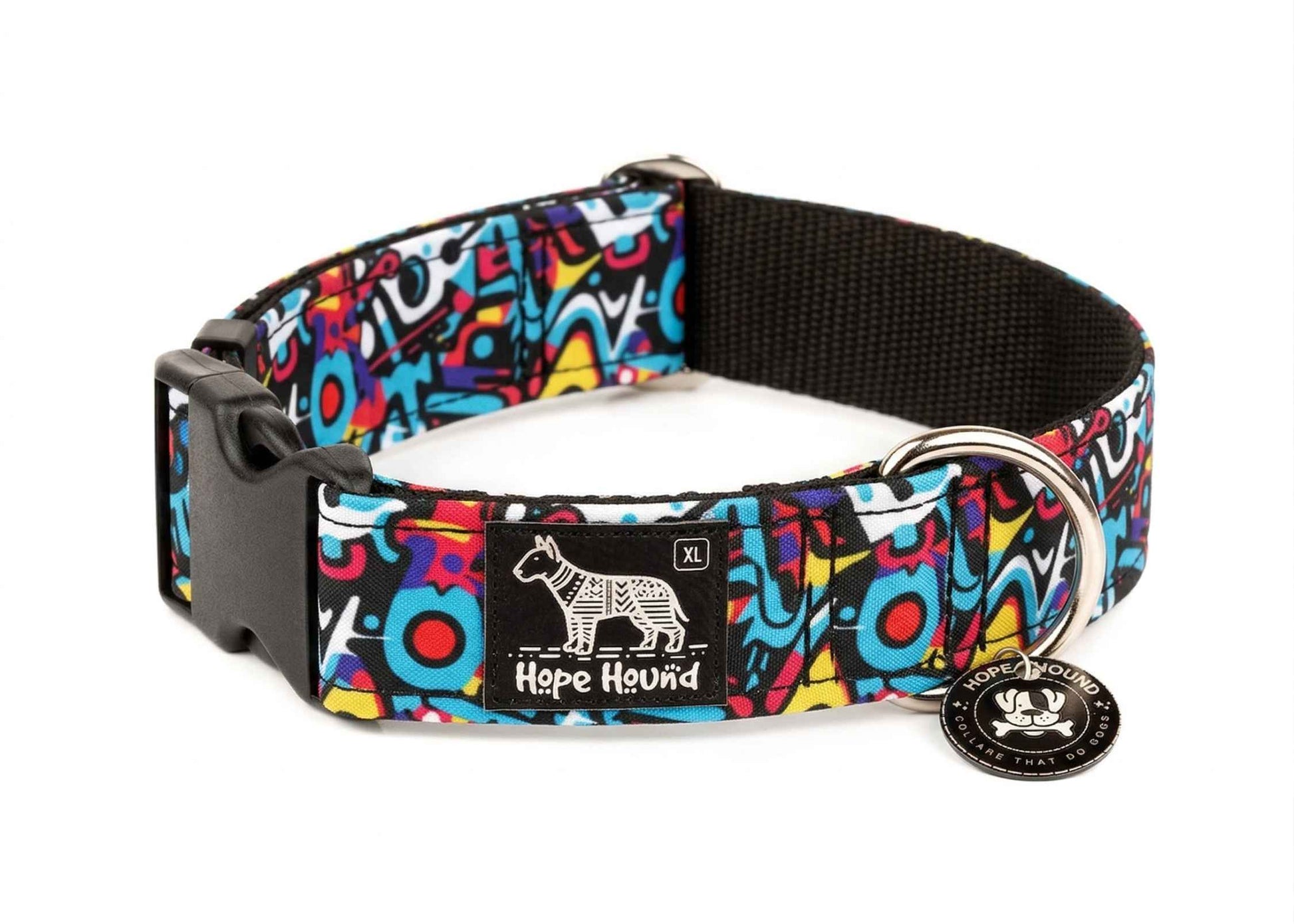 Colourful hope hound dog collar on a white background