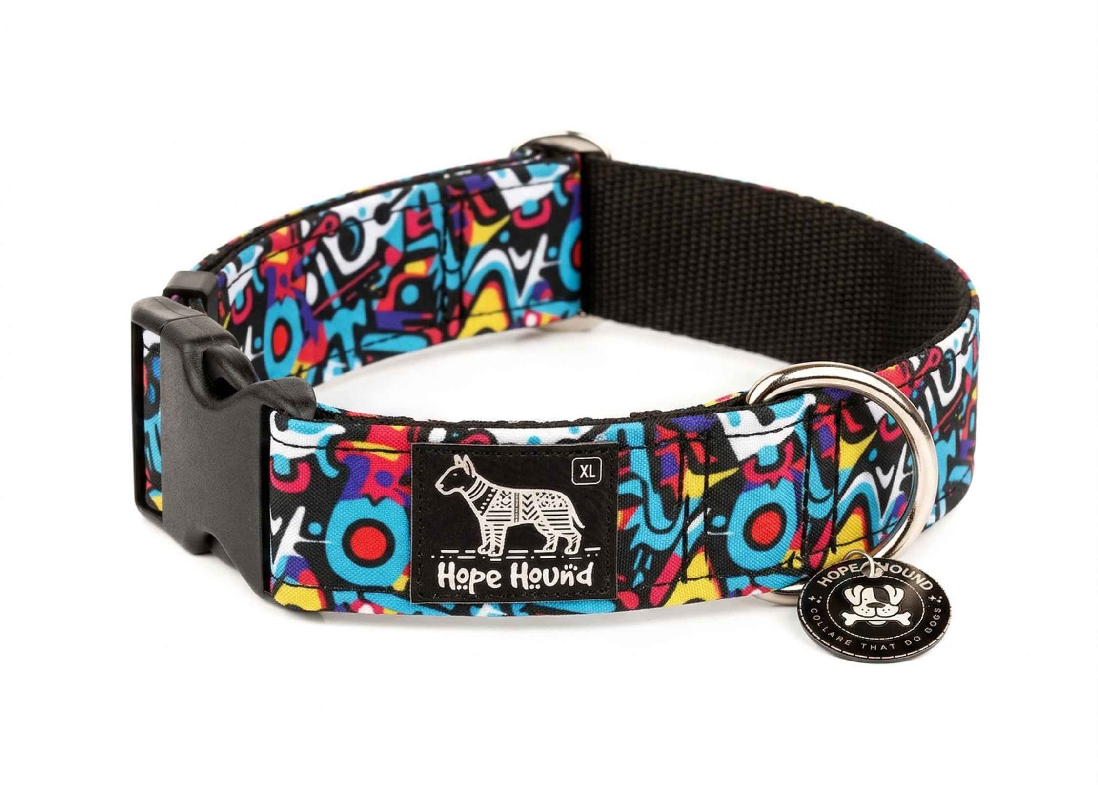 Colourful hope hound dog collar on a white background