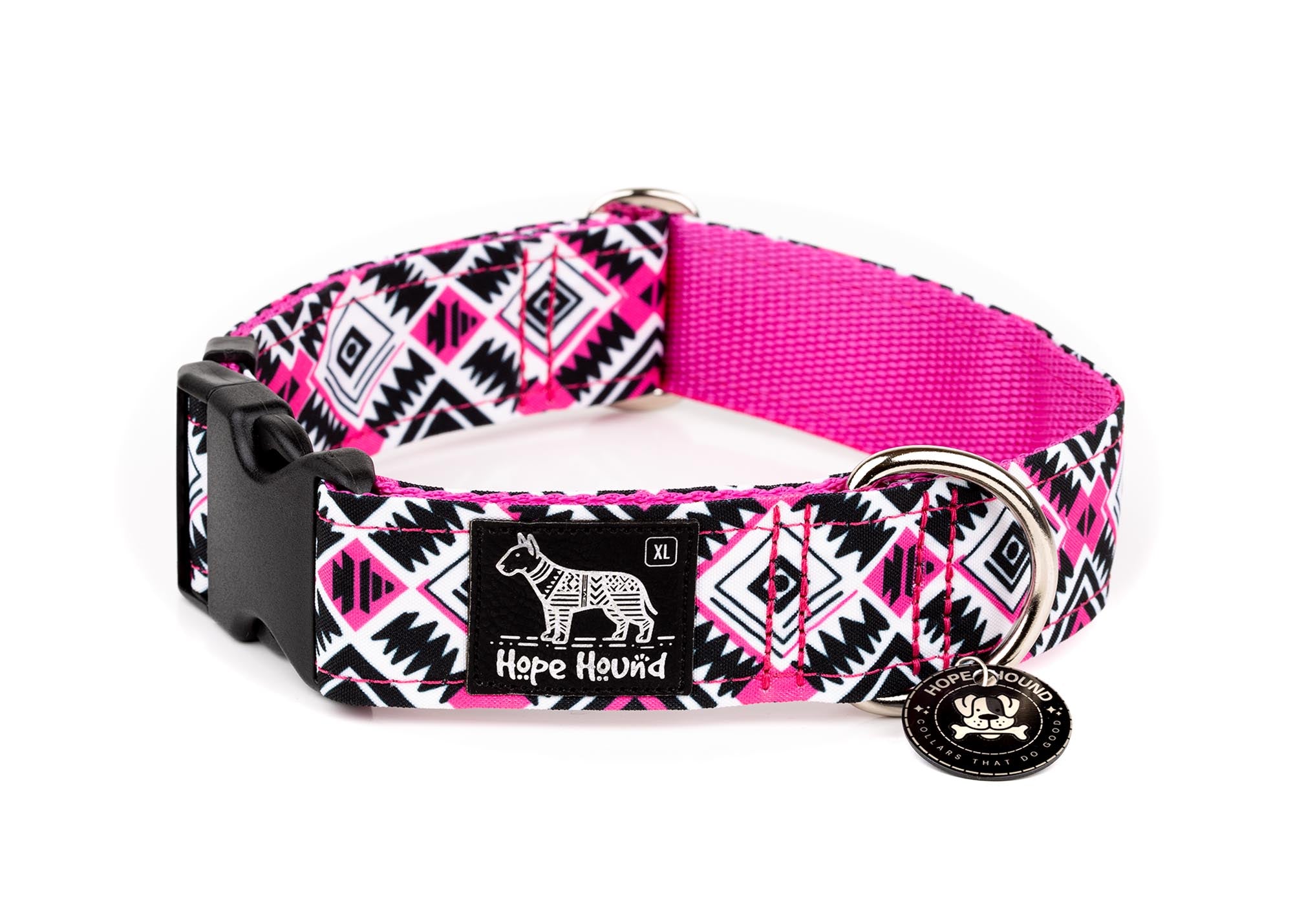 Dog collar with pink and black geometric aztec pattern on a white background