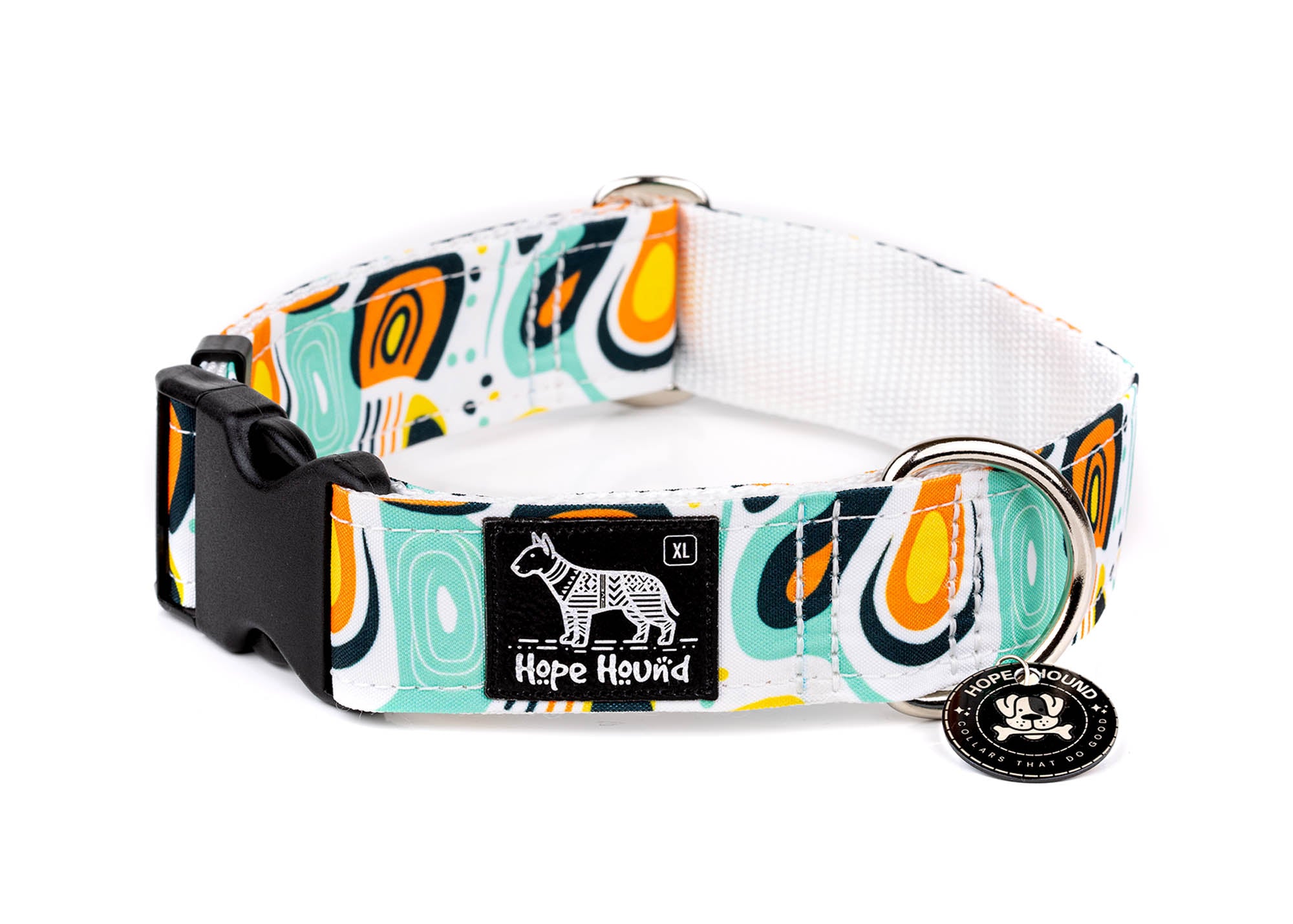 polo buckle dog collar with abstract white and, blue, orange and yellow pattern