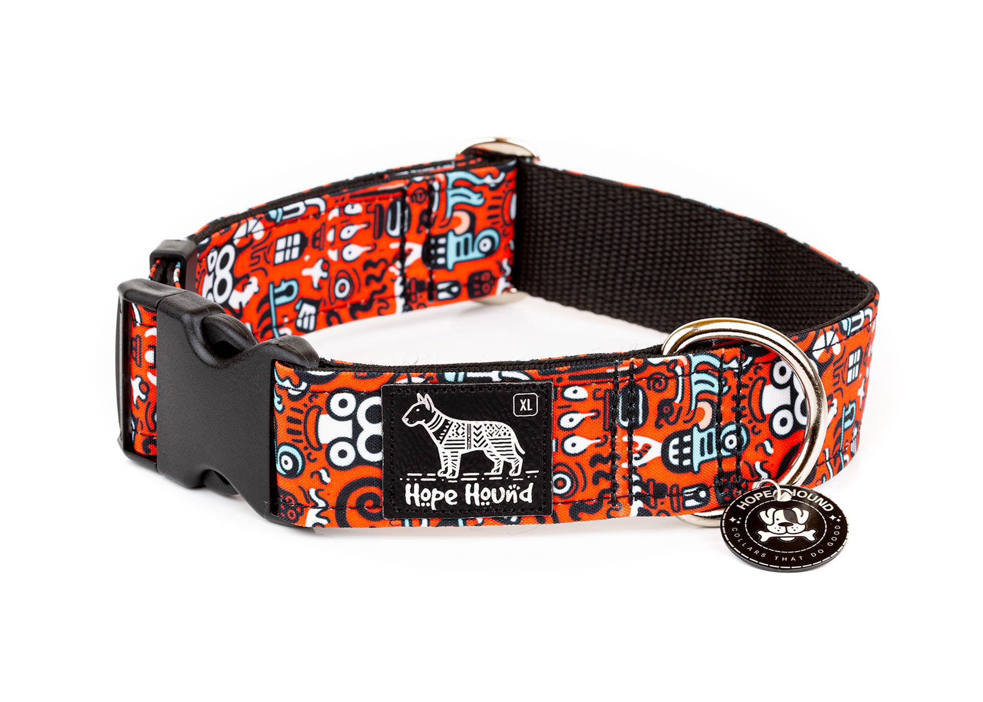 Dog collar with white and black tribal pattern on a red background