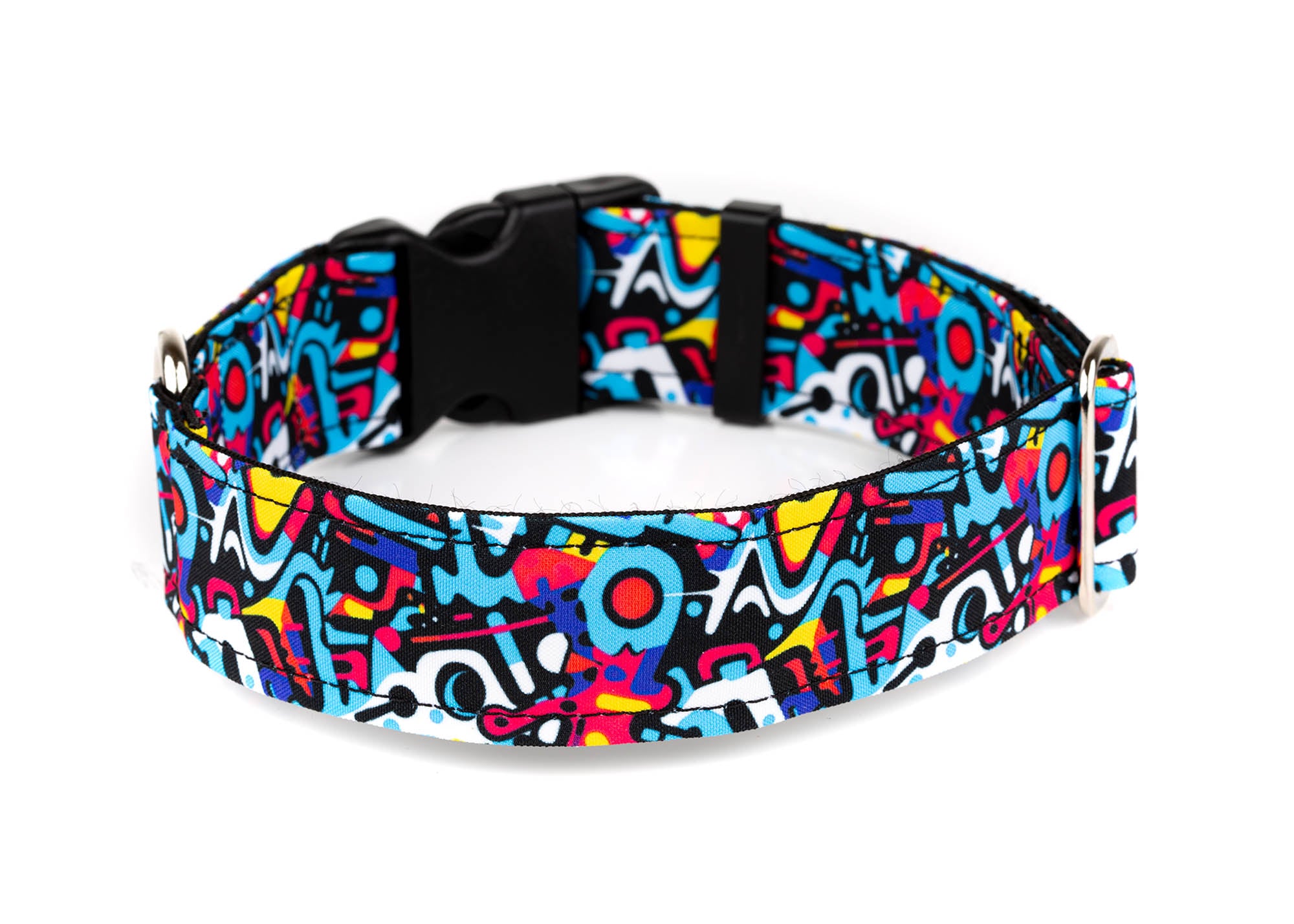 Colorful dog collar with abstract pattern on a white background
