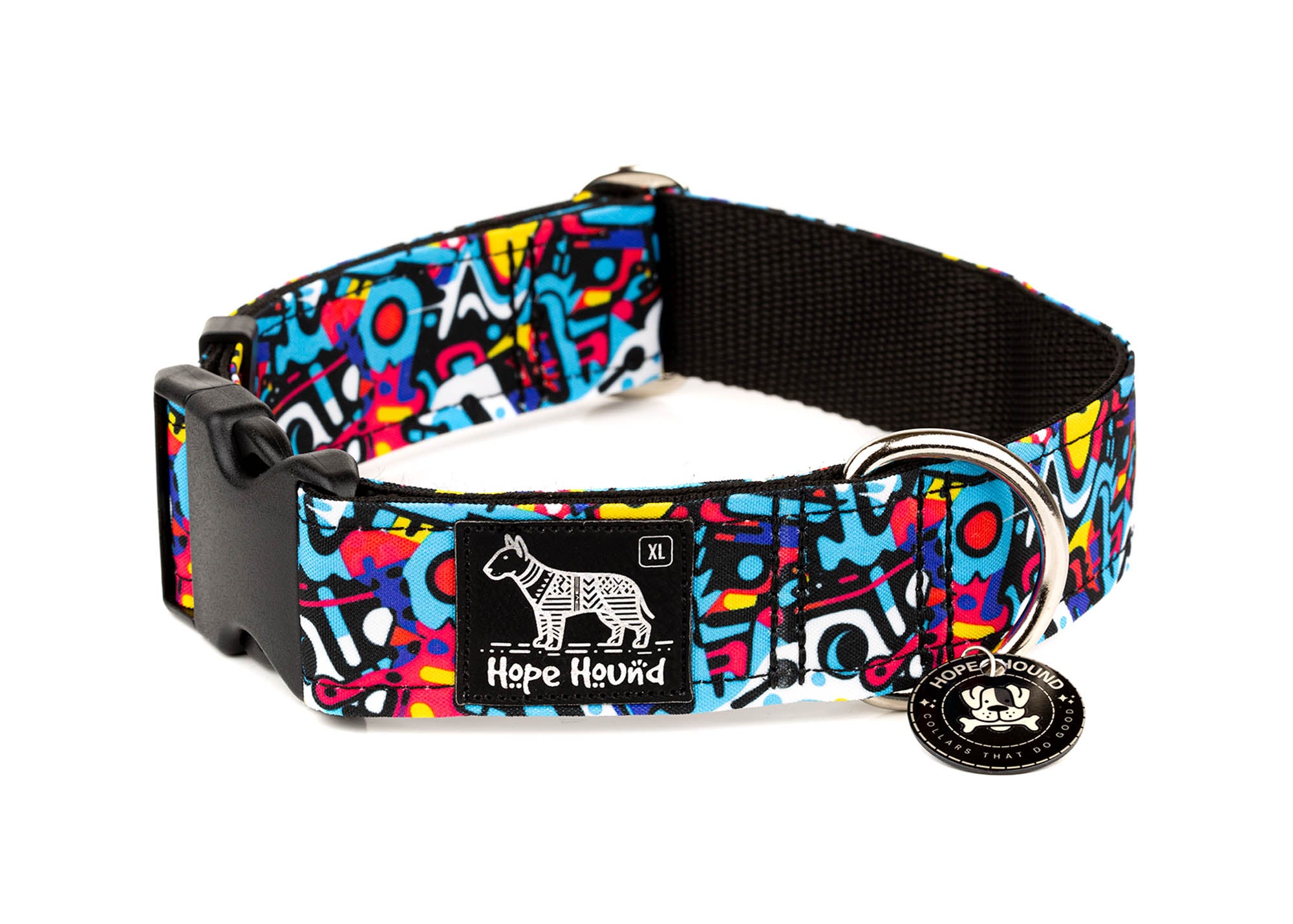 Colorful dog collar with abstract graffiti pattern on a white background
